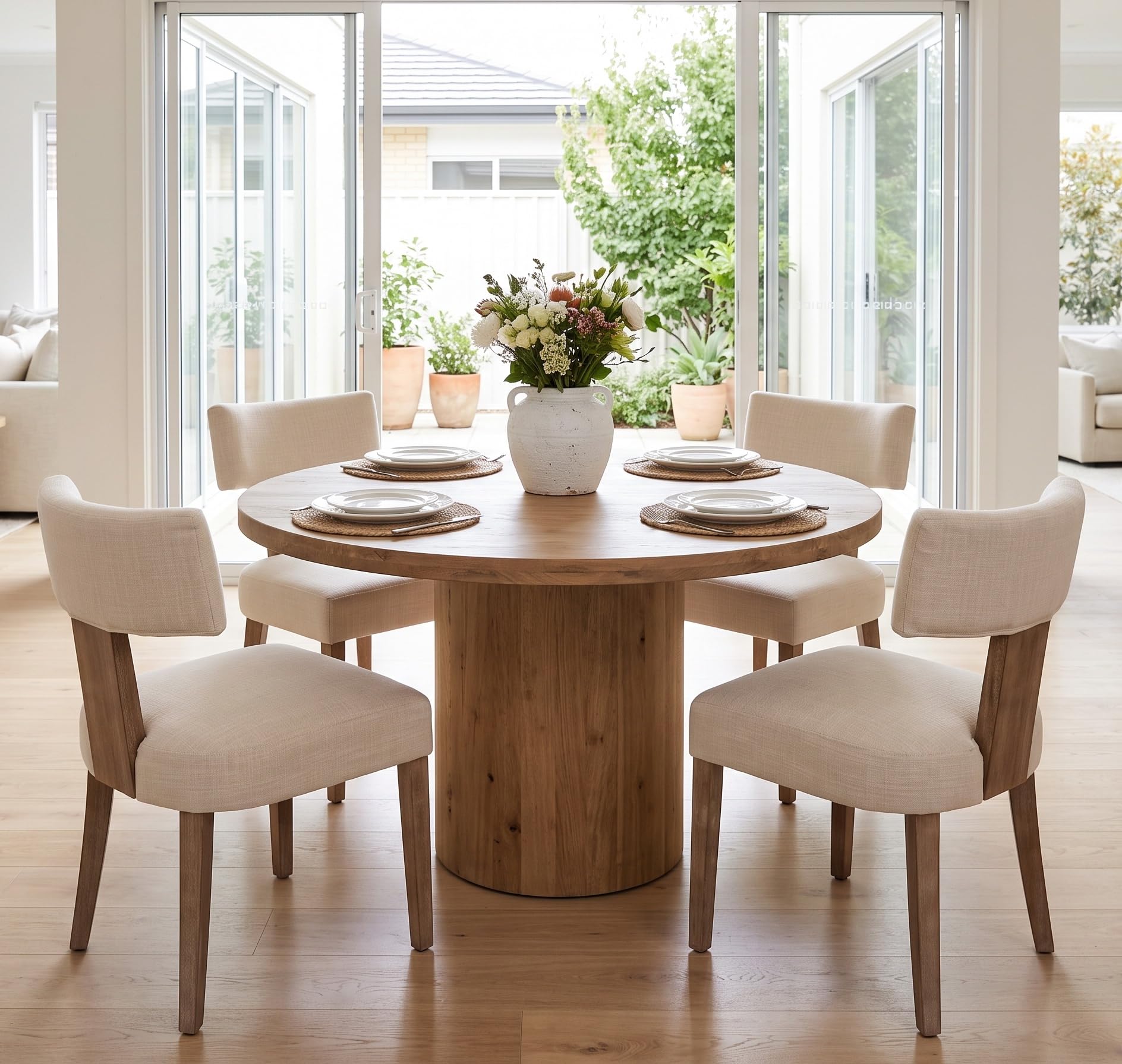 RIVOVA Mid Century Modern Dining Chairs Set of 4 Upholstered Linen Fabric Dining Chairs Curved Backrest Farmhouse Dining Room Chairs Kitchen Chairs with Wood Legs, Beige