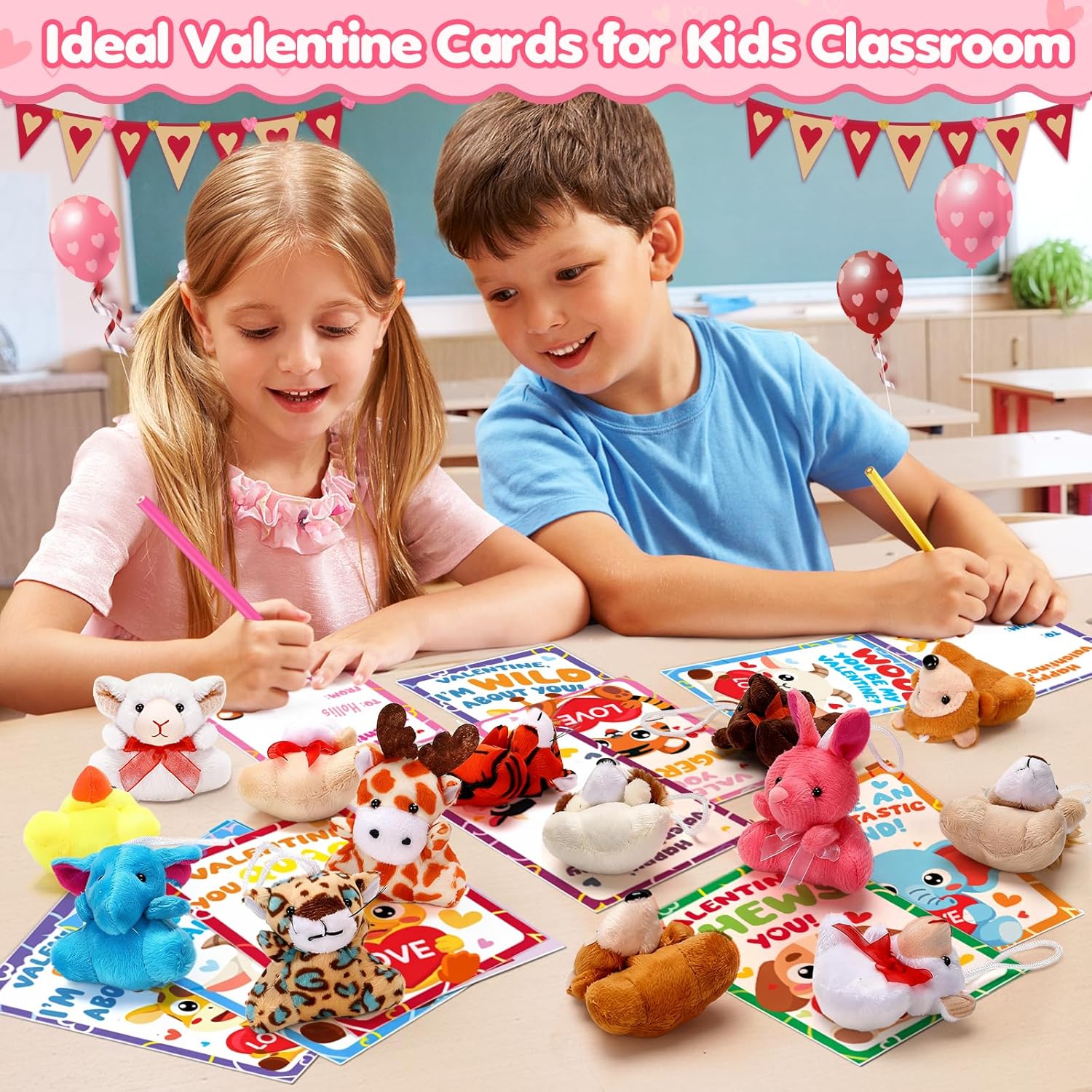 Valentines Day Cards for Kids School, 24 Packs Valentines Cards with Stuffed Animal Toys, Perfect Plush Animal Key Chains for Valentine Day Party Favors, Ideal Exchange Cards for Boys Girls Classroom
