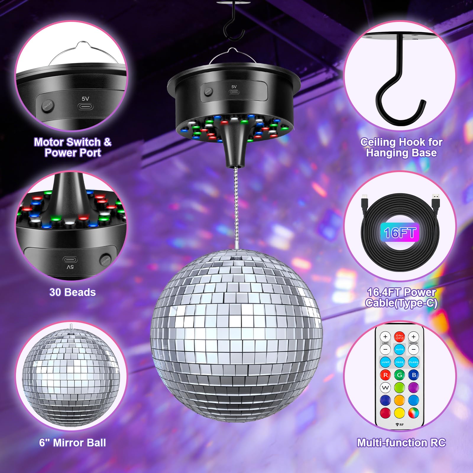Boule disco avec moteur et boule miroir de 15,2 cm, rotation 0/3/6/9/12/15 tr/min à vitesse variable, 12 couleurs d'éclairage et 4 modes d'éclairage, câble d'alimentation USB de 4,9 m et télécommande