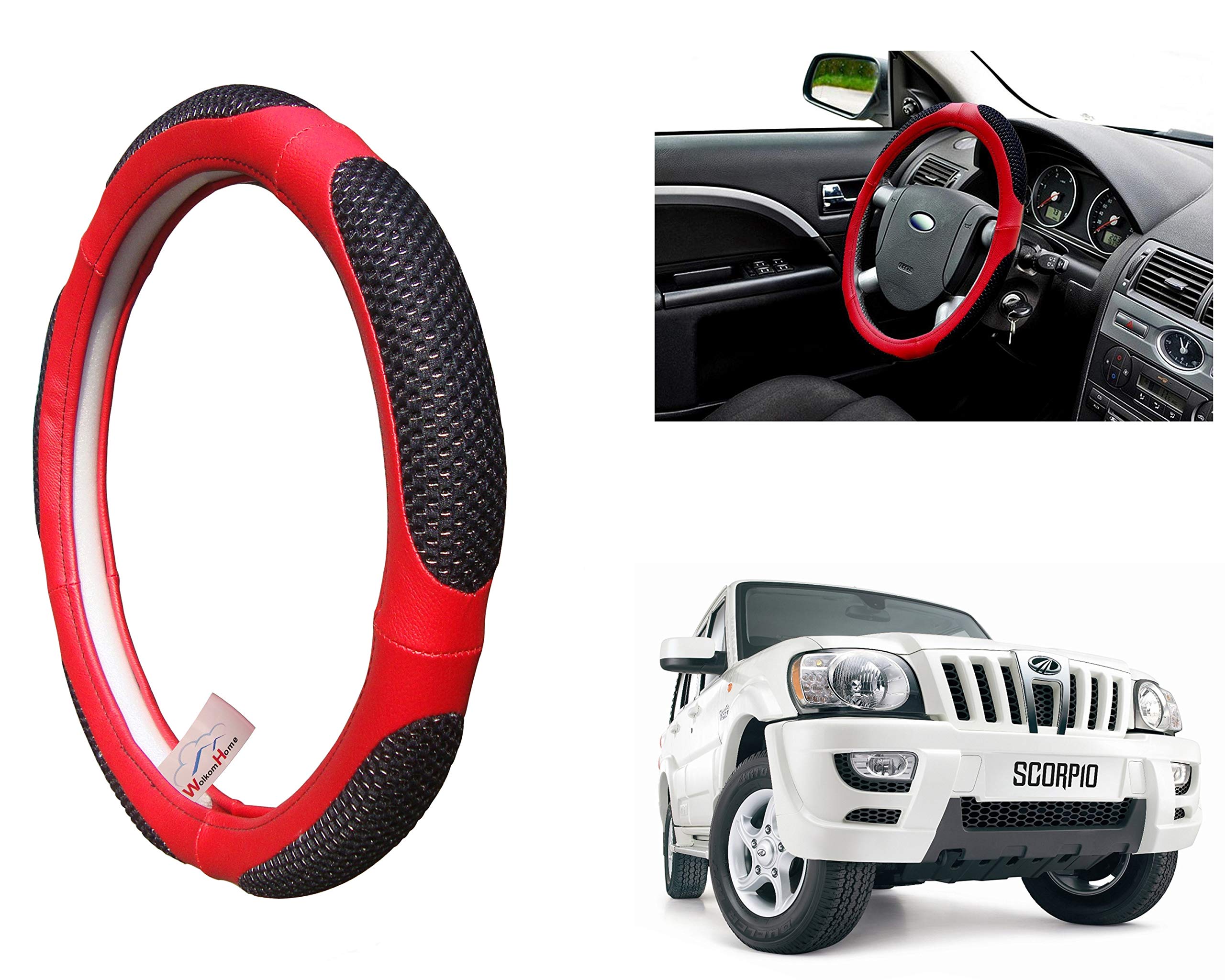 WolkomHome Ring Type Car Steering Wheel Cover (UT Red Black Netted) for Mahindra Scorpio-image-24