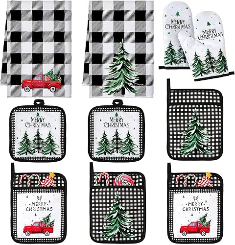 Tioncy Juego de 10 manoplas de horno de Navidad y soportes para ollas para árbol de Navidad, almohadilla caliente para cocina, toallas de cocina,