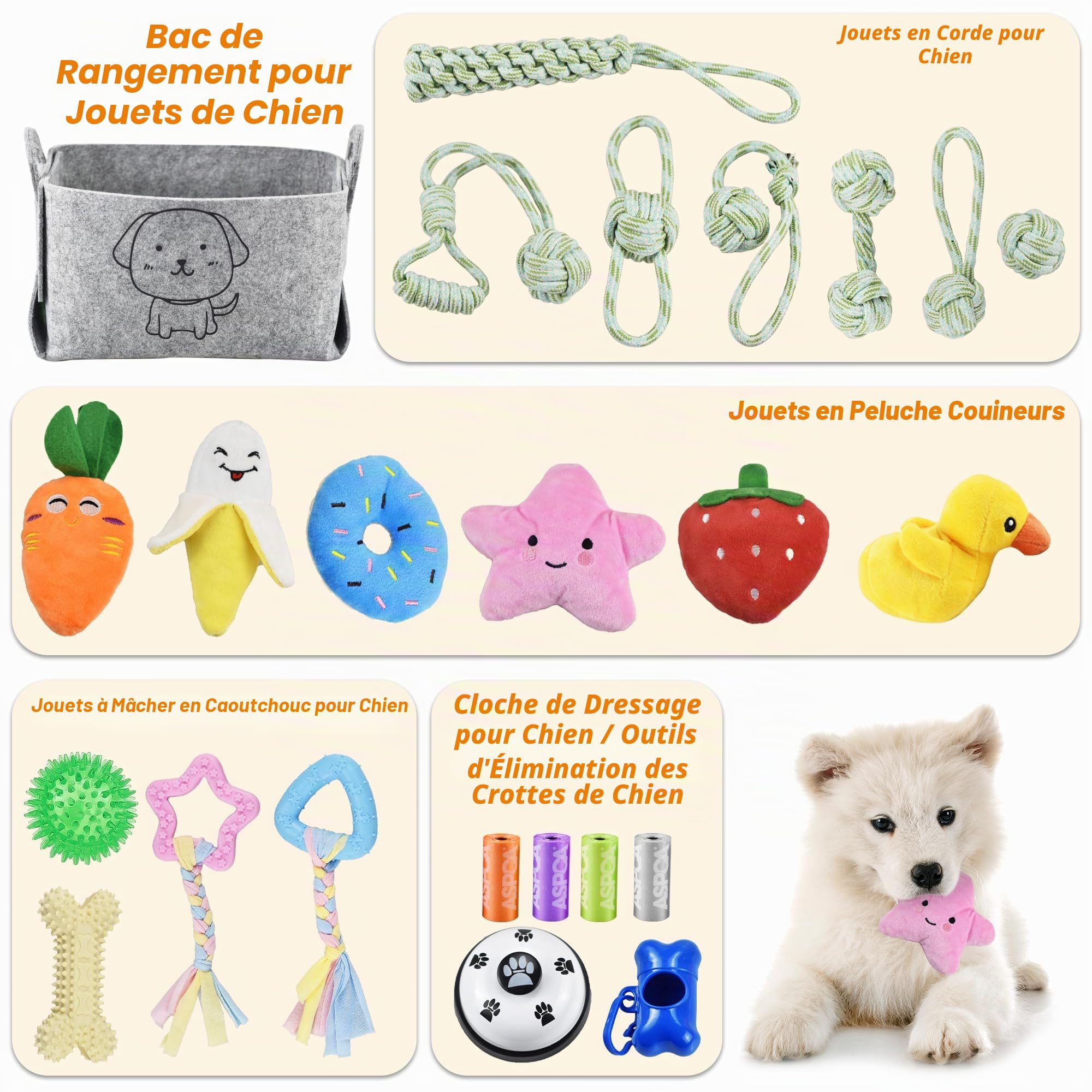Lot de 24 Jouets pour Chiots, Jouets de Dentition pour Chiots avec boîte de Rangement, à mâcher pour Chiens et couinants pour Chiens de Petite et Moyenne Taille