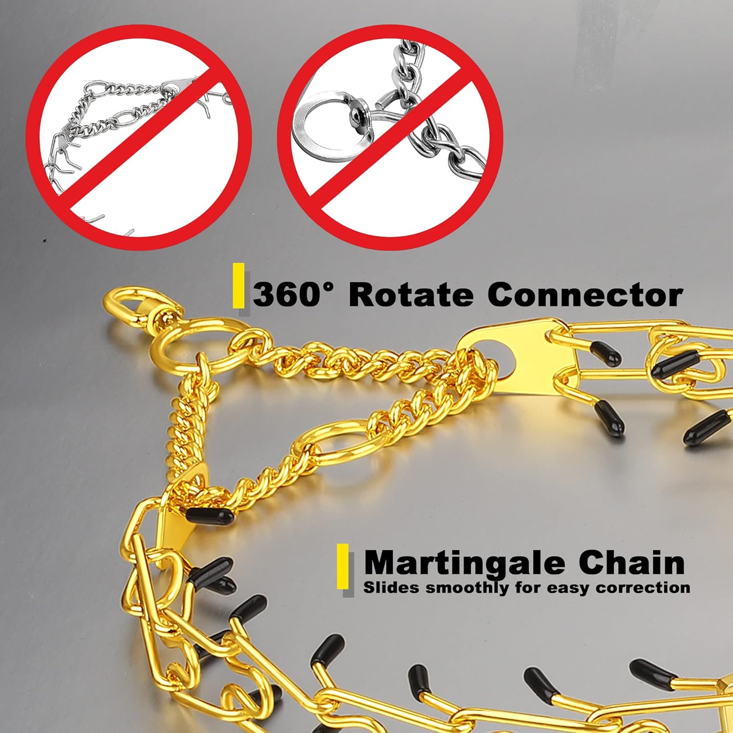 Pinch Prong Collar for Dogs, Adjustable Dog Training Choke Spike No Pull Martingale Collars with Quick Release Buckle for Small Medium Large Dogs Stainless Steel (12"~28" Gold 3.0mm)