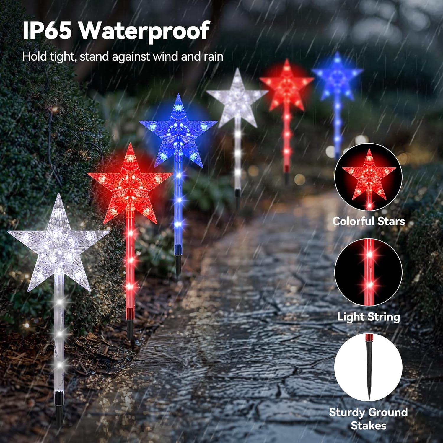 Luxspire 4th of July Decorations Outdoor Solar Lights 6PCS, 8 Modes Red White and Blue Solar Lights, Waterproof Patriotic Decorations Outdoor for Pathway Yard Garden Independence Memorial Day