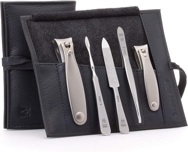 GERMANIKURE 5pc Manicure Set in Black Leather Case - Made in Solingen Germany, FINOX Stainless Steel Tools – Professional Quality Compact Nail Grooming Kit