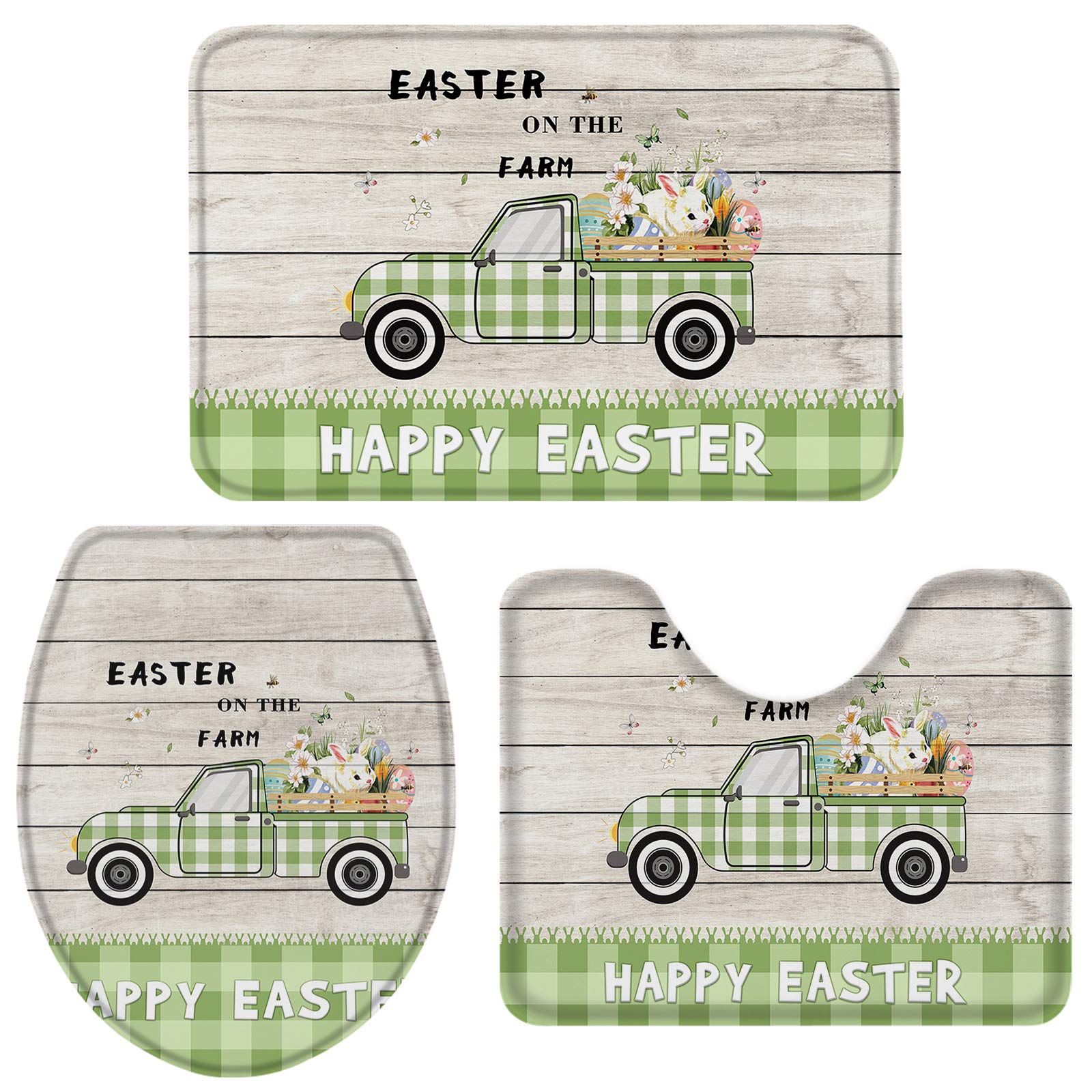 DaringOne Happy Easter Farm 3 Pieces Bathroom Rugs Set, Rubber Backing Non-Slip Bath Mat Set, Includes U-Shaped Contour Toilet MatSmall Size Easter Eggs and Rabbit Green Plaid Wood Grain