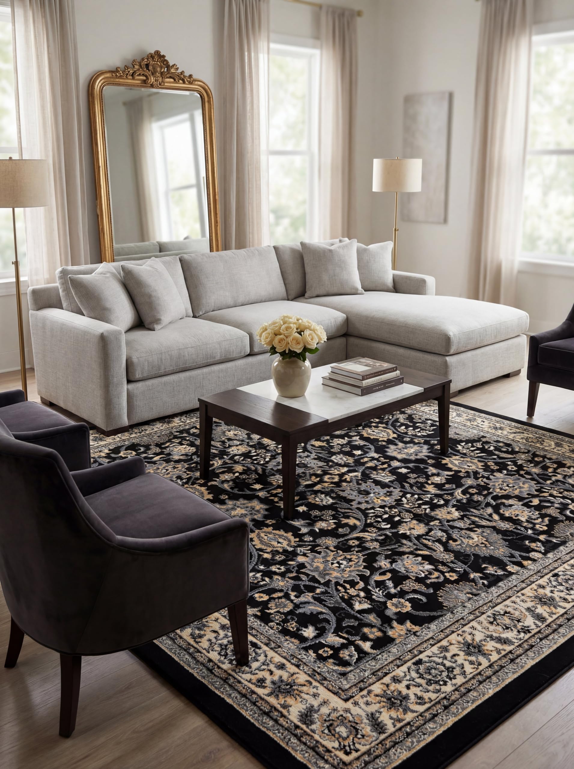 Rugs.com Yasmin Collection Rug – 8 Ft Square Black Medium Rug Perfect for Living Rooms, Kitchens, Entryways