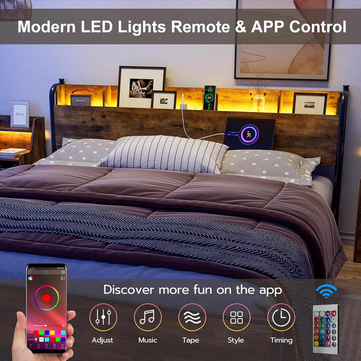 King Bed Frame with LED Lights and Charging Station, King Platform Bed with Storage Shelf Headboard, Strong Metal Slats Support, No Box Spring Needed, Noise Free, Easy Assembly - Rustic Brown