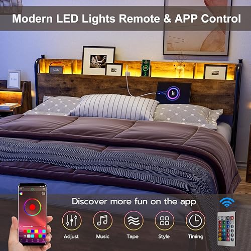 Miniatura 4 de Base de cama Queen con luces LED y estación de carga, cama de plataforma Queen con cabecera de estante de almacenamiento, soporte de listones de