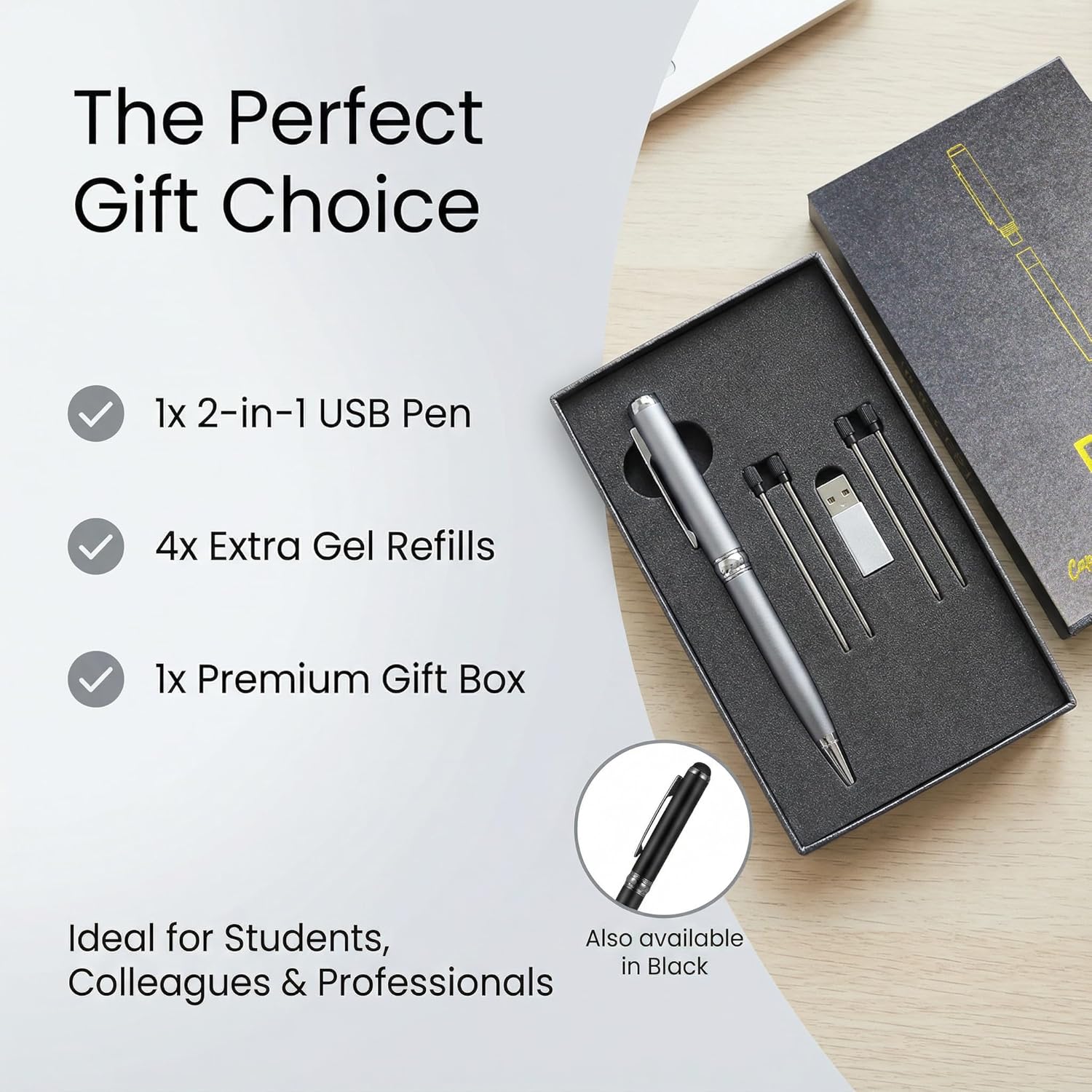 Convoice USB-C Storage Ink Pen (64-512GB), 2-in-1 Gel Pen & High-Speed USB Drive, Compatible with iPhone/Laptop/iPad, for Office/School/Gift (w/Refills) (Silver, 128, GB)