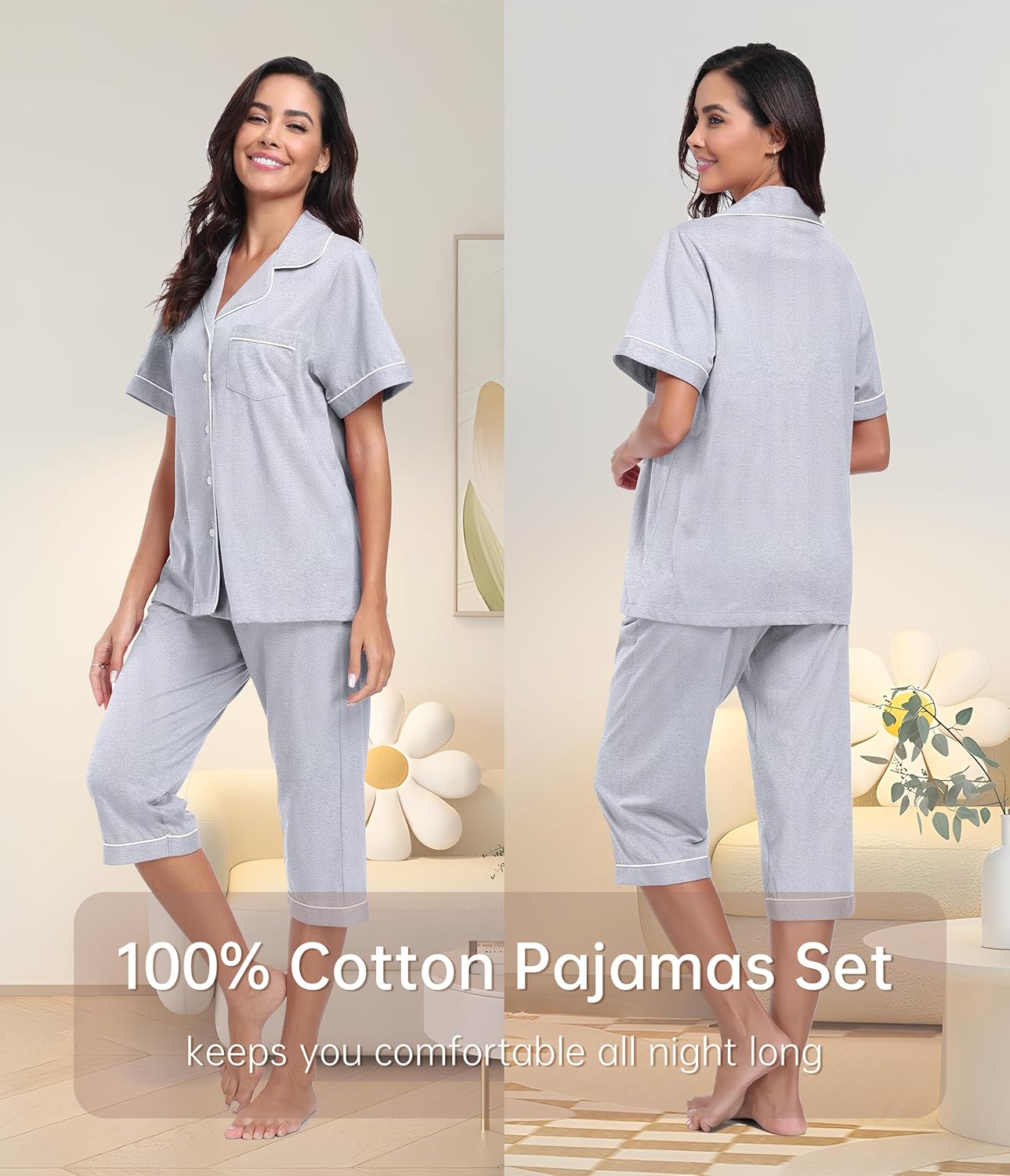 CF 100% Cotton Pajamas for Women Button Down Capri Pjs Lounge Sets Sleepwear 2 Piece PJ Sets Short Sleeve Top and Capri Pant - Image 2
