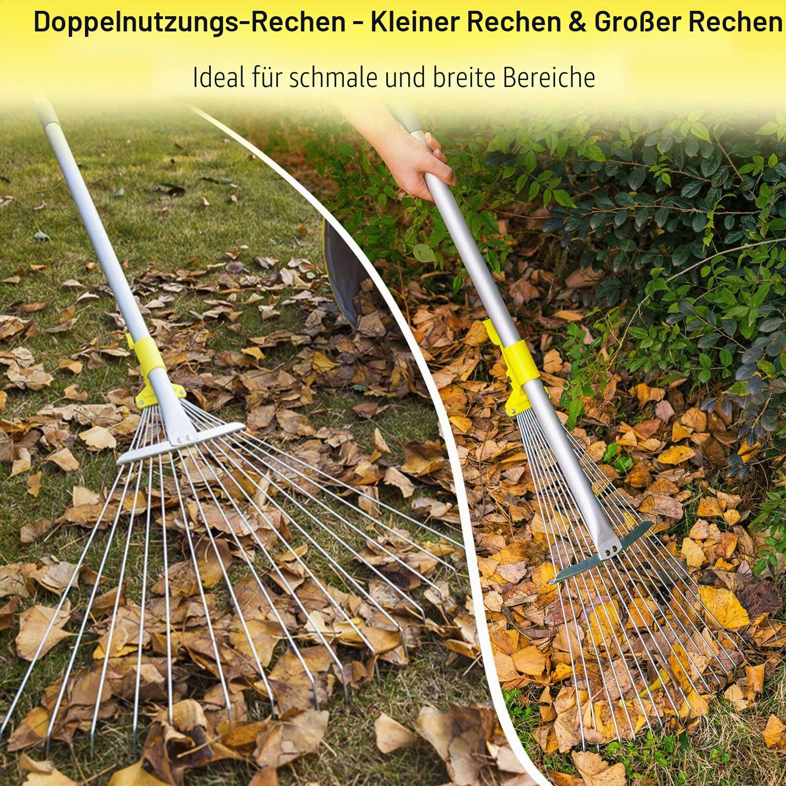 Jardineer Laubrechen mit Stiel, Gartenrechen mit verstellbarem Kopf 18-59cm, Laubharke Metall für Rasenflächen, Laubbesen, Fächerbesen Rasenrechen zum Kehren von Laub, Kiefernnadeln