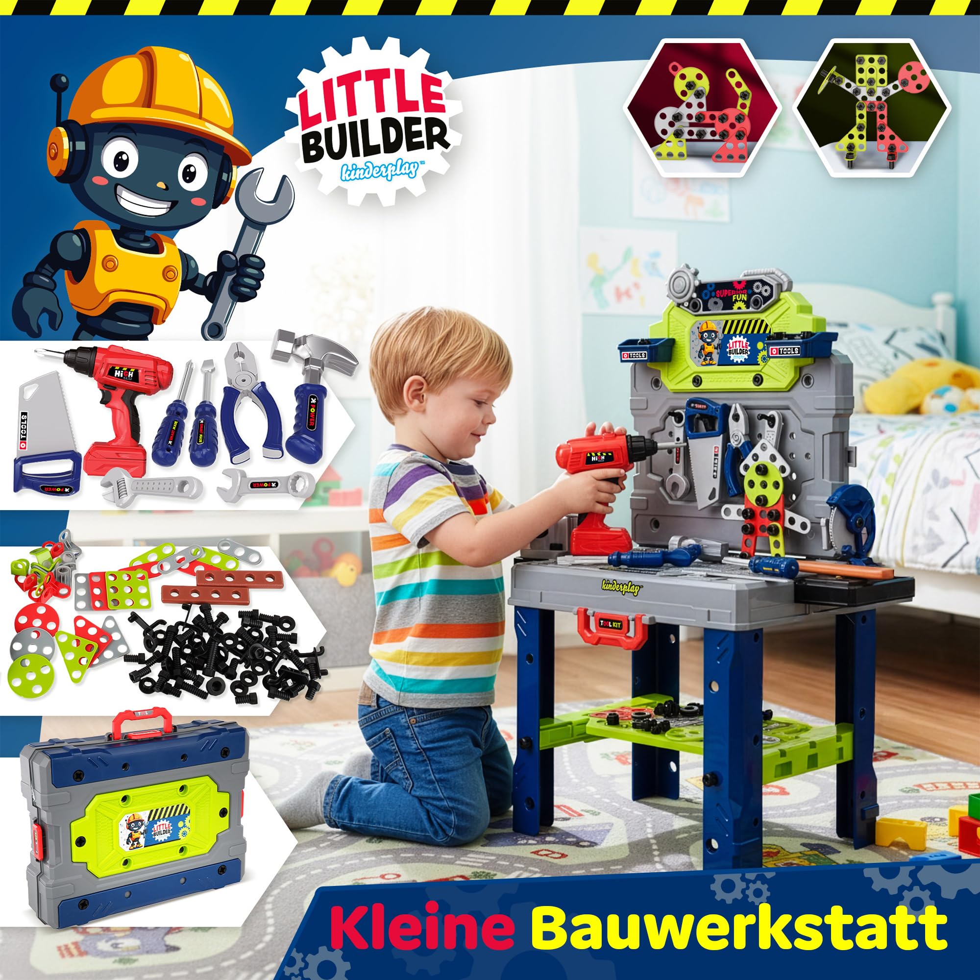 Kinderplay Établi pour Enfants 132 pièces avec kit d'outils et perceuse, Atelier pour Enfants à partir de 3 Ans, Mallette 2 en 1, Banc à Outils, Jouet pour garçons et Filles
