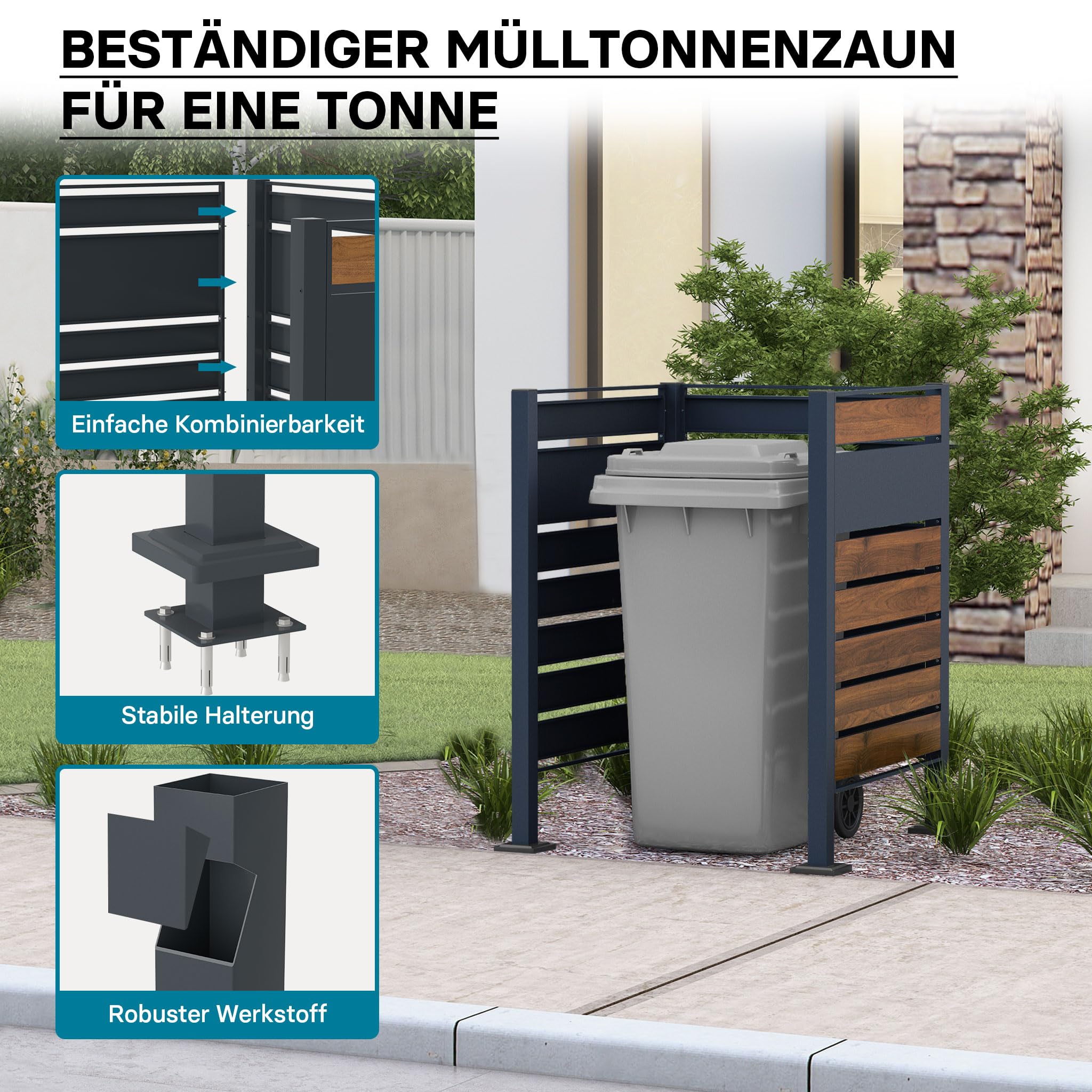Wiltec Mülltonnenzaun aus Stahl in Holzoptik, Mülltonnenverkleidung für eine Tonne 60-240l, Mülltonnenbox, Sichtschutzzaun