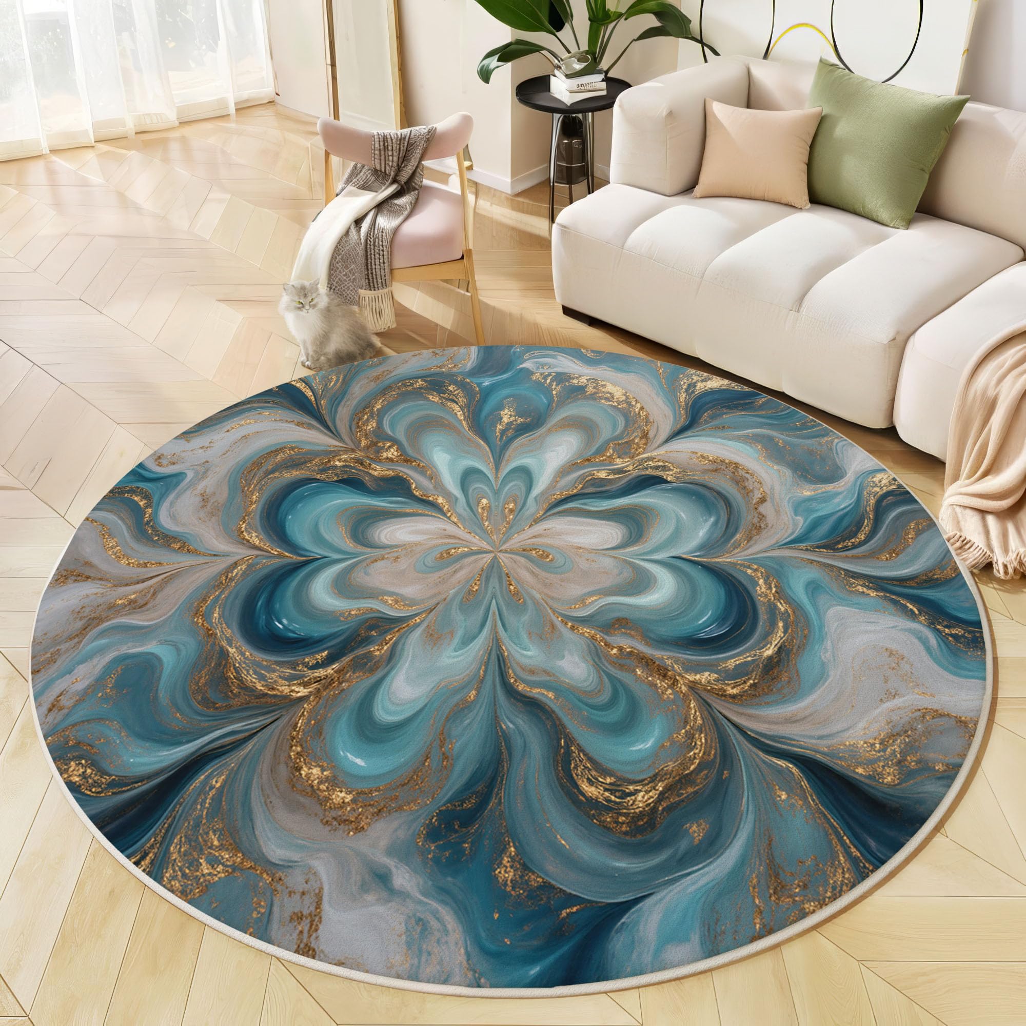 Tapis de luxe or et bleu 100cm | Tapis rond abstrait pour une décoration raffinée