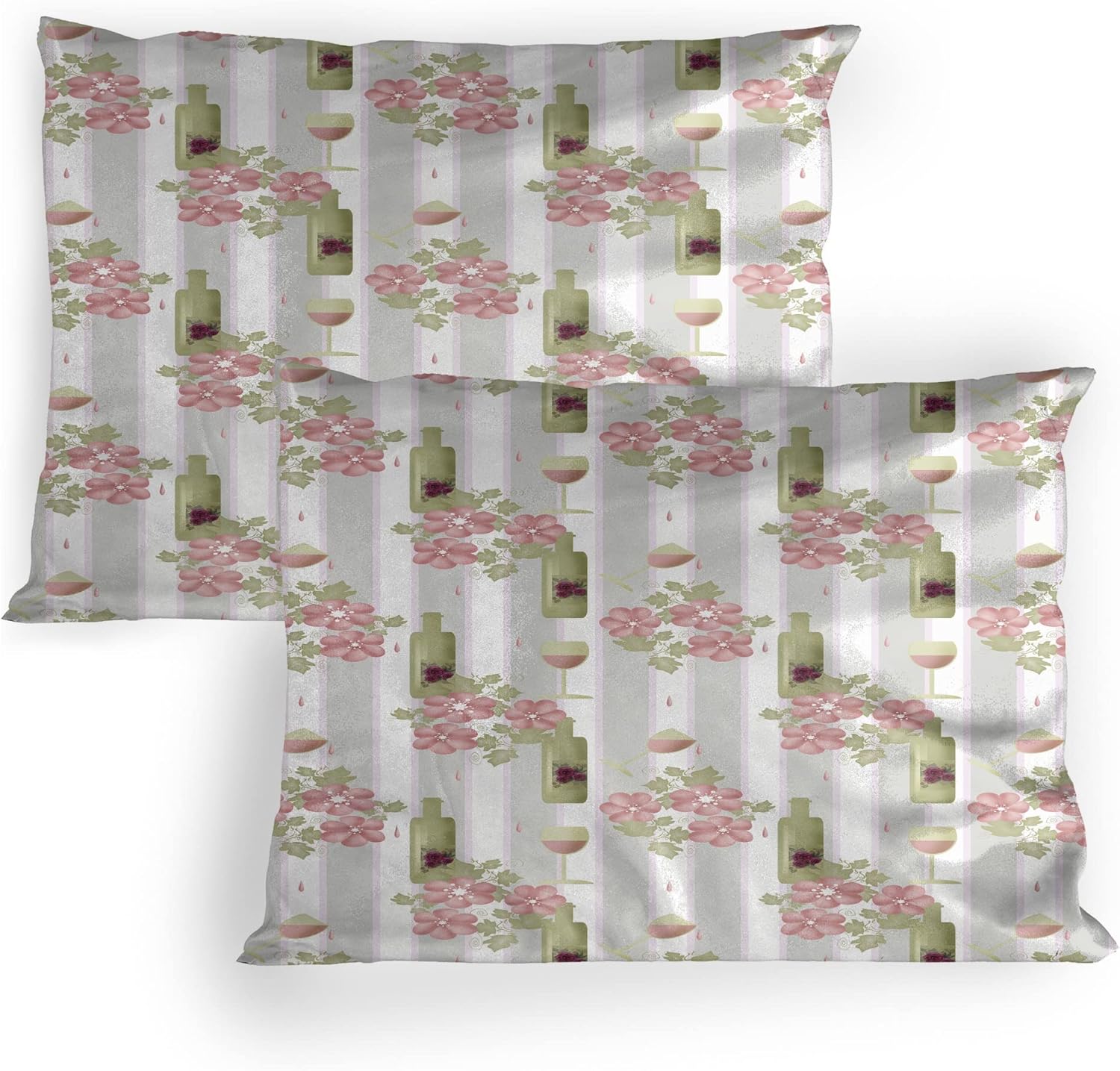 Lunarable Winery Pillow Sham Set of 2, Floral Pattern Bottles of Wine and Glasses on Striped Background Leaves, Quality Microfiber Bedding Item for All Seasons, 30" x 20", Rose Pale Green White