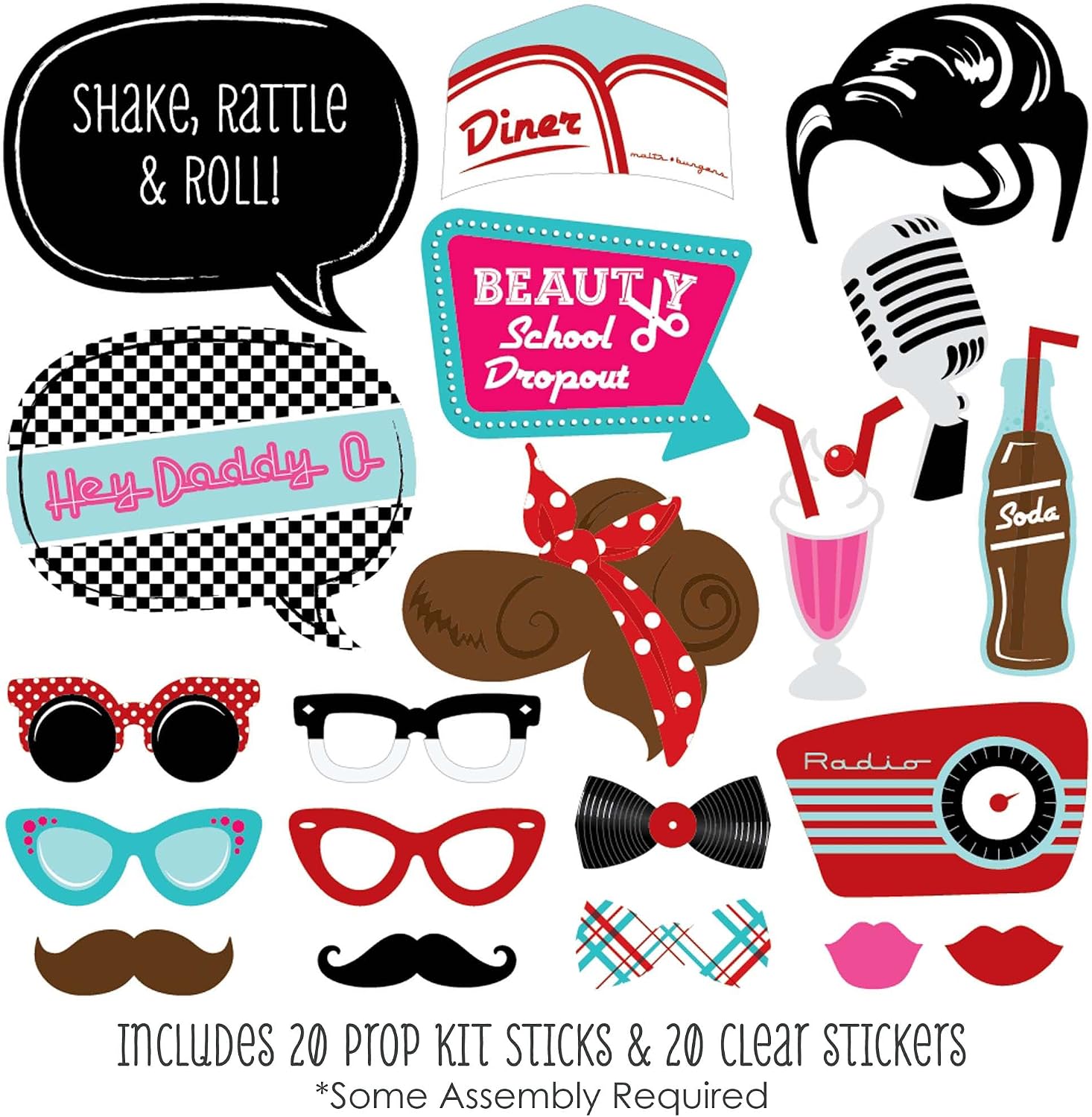 1950s Sock Hop Photo Booth Prop Kit, DIY Cardstock Props - 20pc | Retro Rock N Roll Party Decorations, Masks and Speech Bubble Shapes for Adults and Kids, Prop Sticks Included, USA-made