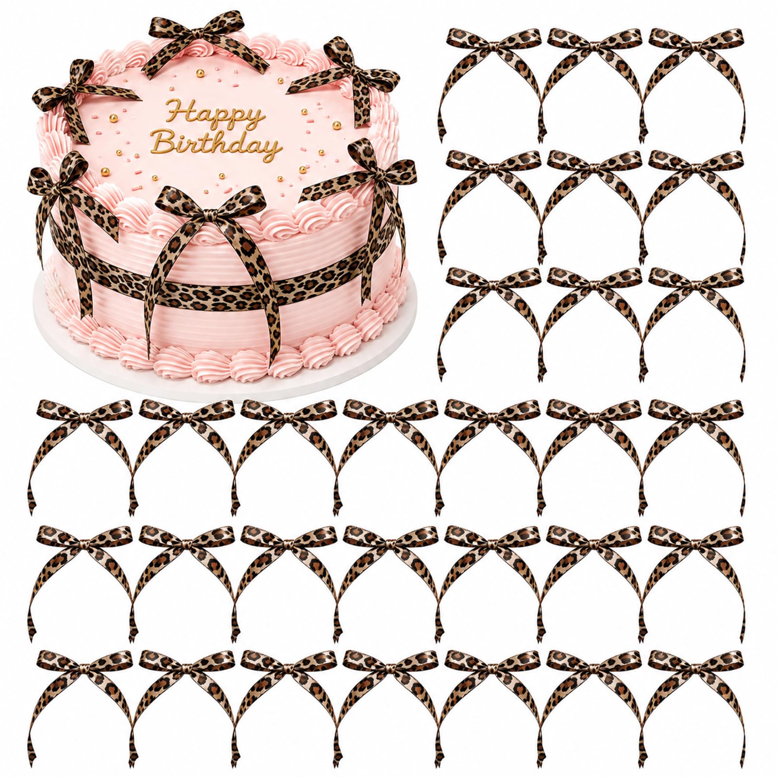 Aribliseza Leopard Print Bows 30 Pieces, Cake Decorations, Cake Toppers