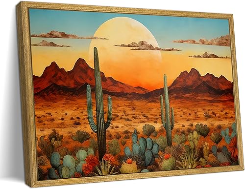 Yaneiro Marco de madera maciza, arte de pared de cactus, estilo vintage del suroeste, paisaje, lienzo para decoración de pared, 12 x 16 pulgadas