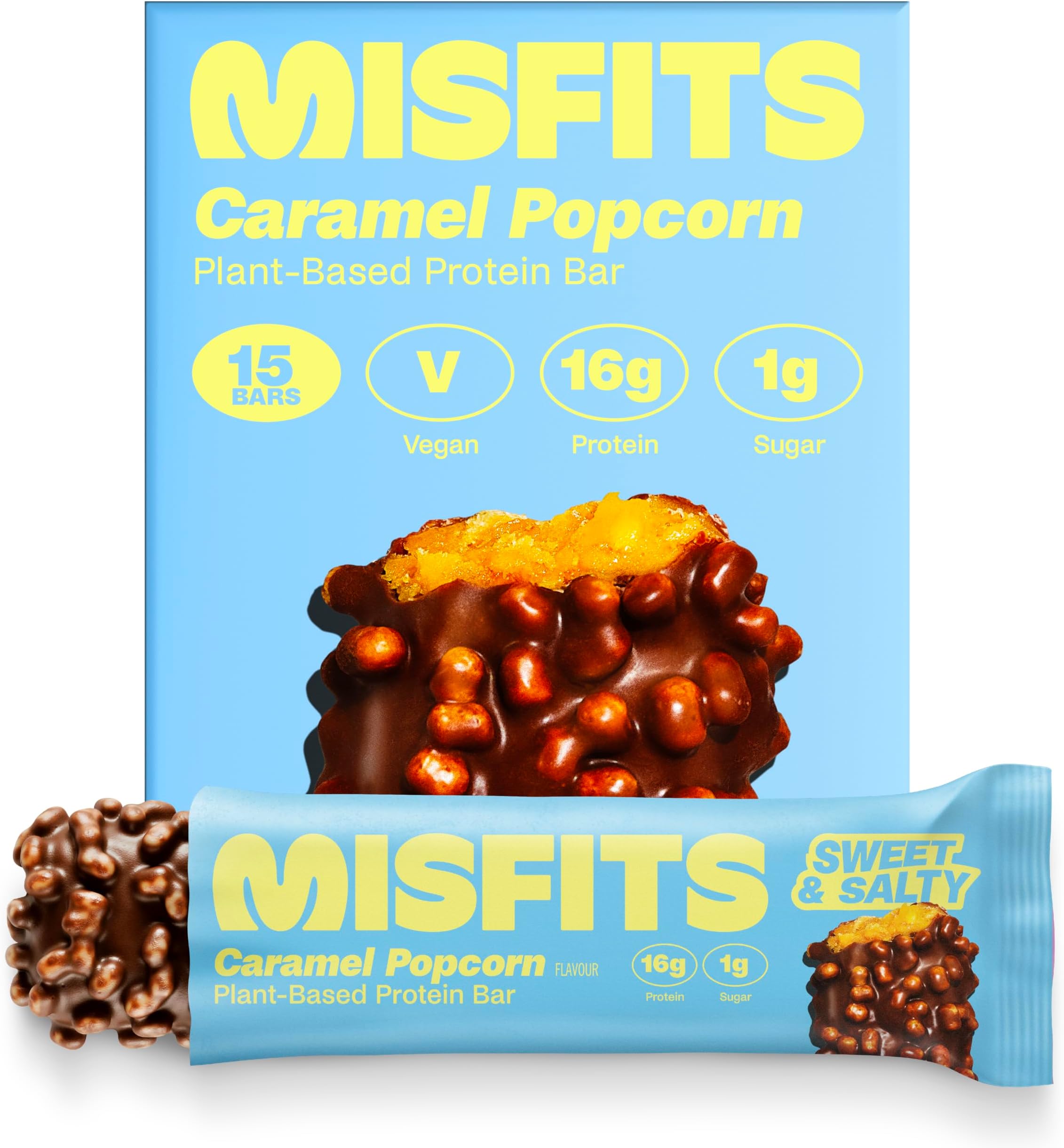 Misfits Vegan Protein Bar - Sweet & Salty Caramel Popcorn | 16 grams Protein | 1 gram Sugar | Plant-Based, Low Carb, High Fibre | No Palm Oil | Non-GMO | Pack of 15