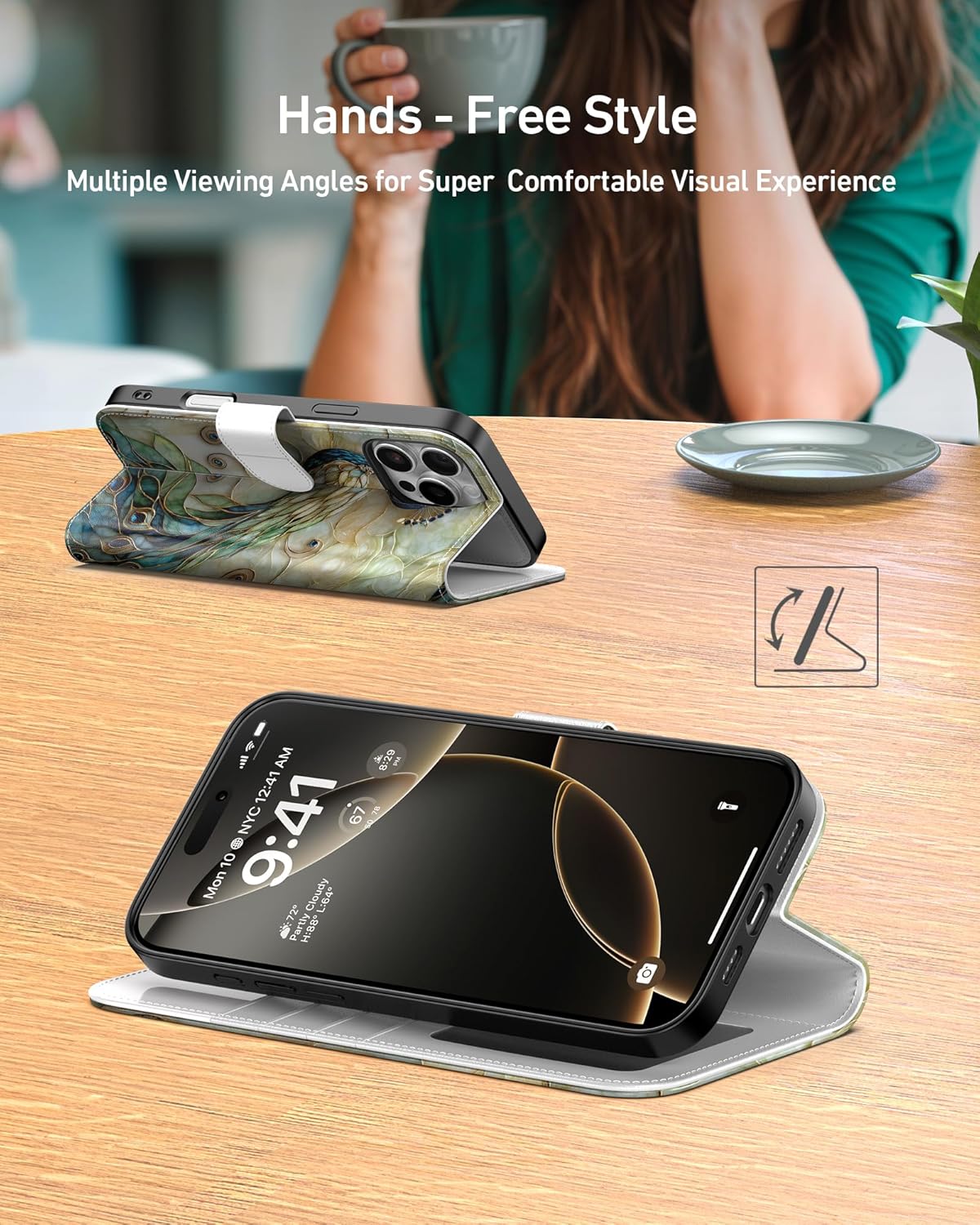 DEENAKIN for iPhone 16 Pro Wallet Case with Card Holder   Cash Clip, RFID-Blocking, Military-Grade Drop Protection & UV-Printed Artwork, Magnetic Closure with Leather Stand - Peacock and Flower