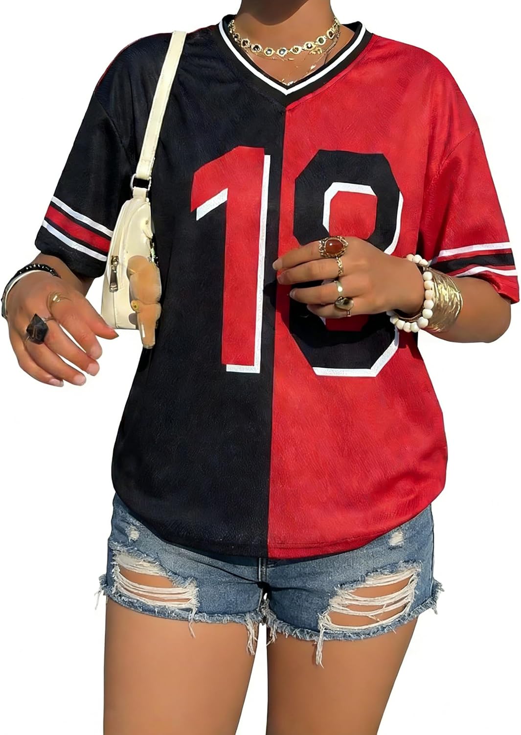 Women's Jersey Shirts Oversized Number Graphic Tshirt Y2k V Neck Short Sleeve Tee Tops Vintage Jersey Streetwear