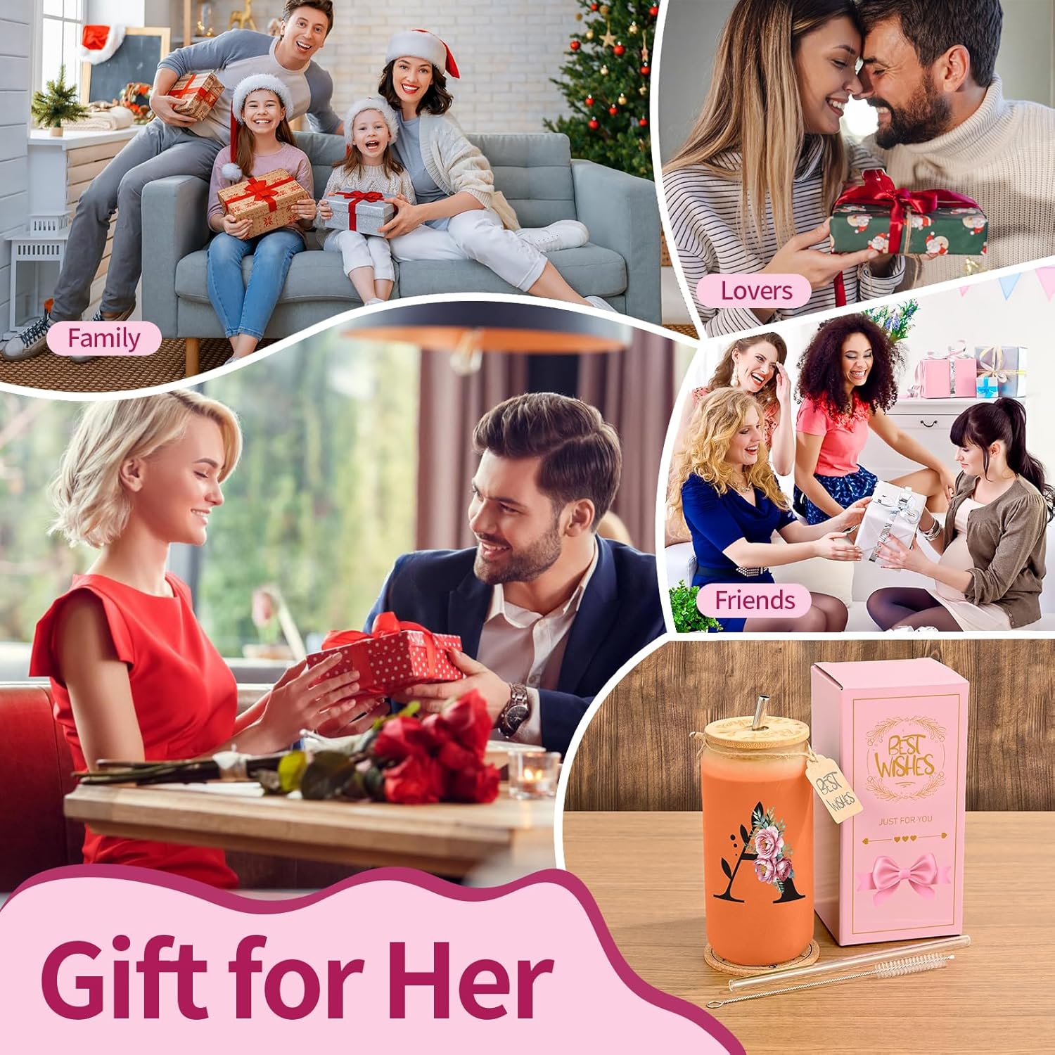 Personalized Initial Glass Cup for Women, HWJH 16oz Glass Cup with Lids and Straws, Monogrammed Gift Set, Frosted Reusable Tumbler with Gift Box & Cork Coaster for Iced Coffee, Valentine, Birthday (A) - Image 7