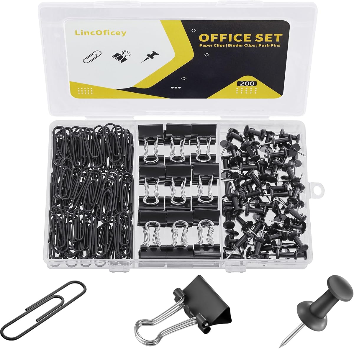 200pcs Paper Clips Binder Clips and Push Pins Set, Mini Clips and Thumb Tacks for Multipurpose Document Organization (Black)