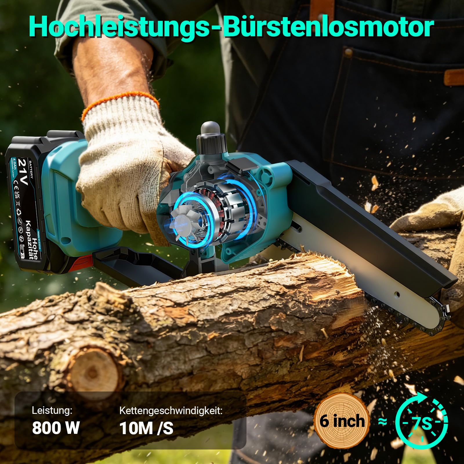Mini motosega con batteria da 8000 mAh, 20,3 cm e 15,2 cm, senza spazzole, con 2 batterie da 4000 mAh, olio automatico, sega a mano, batteria per cesoie da giardino, cesoie da potatura, taglio del