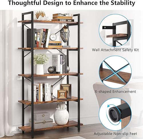 Miniatura 6 de Tribesigns 5 Tier Bookshelf, Industrial Etagere Bookcase with Heavy-Duty Metal Frame, Rustic Tall Book Shelf Unit for Living Room, Study, Home