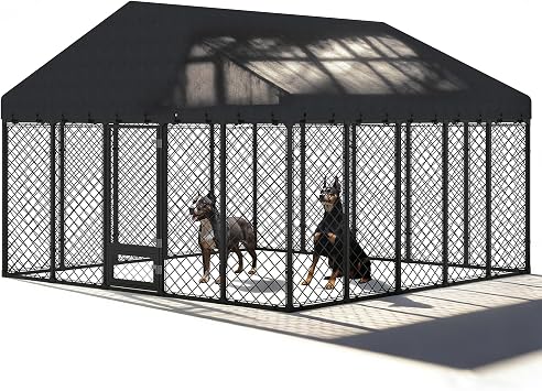 10x10x6.4 FT Large Outdoor Dog Kennel with Roof, Heavy Duty Anti-Rust Metal Dog Enclosure Fence for All Weather Resistant, Secure Double Locks for Large Dogs Outsides
