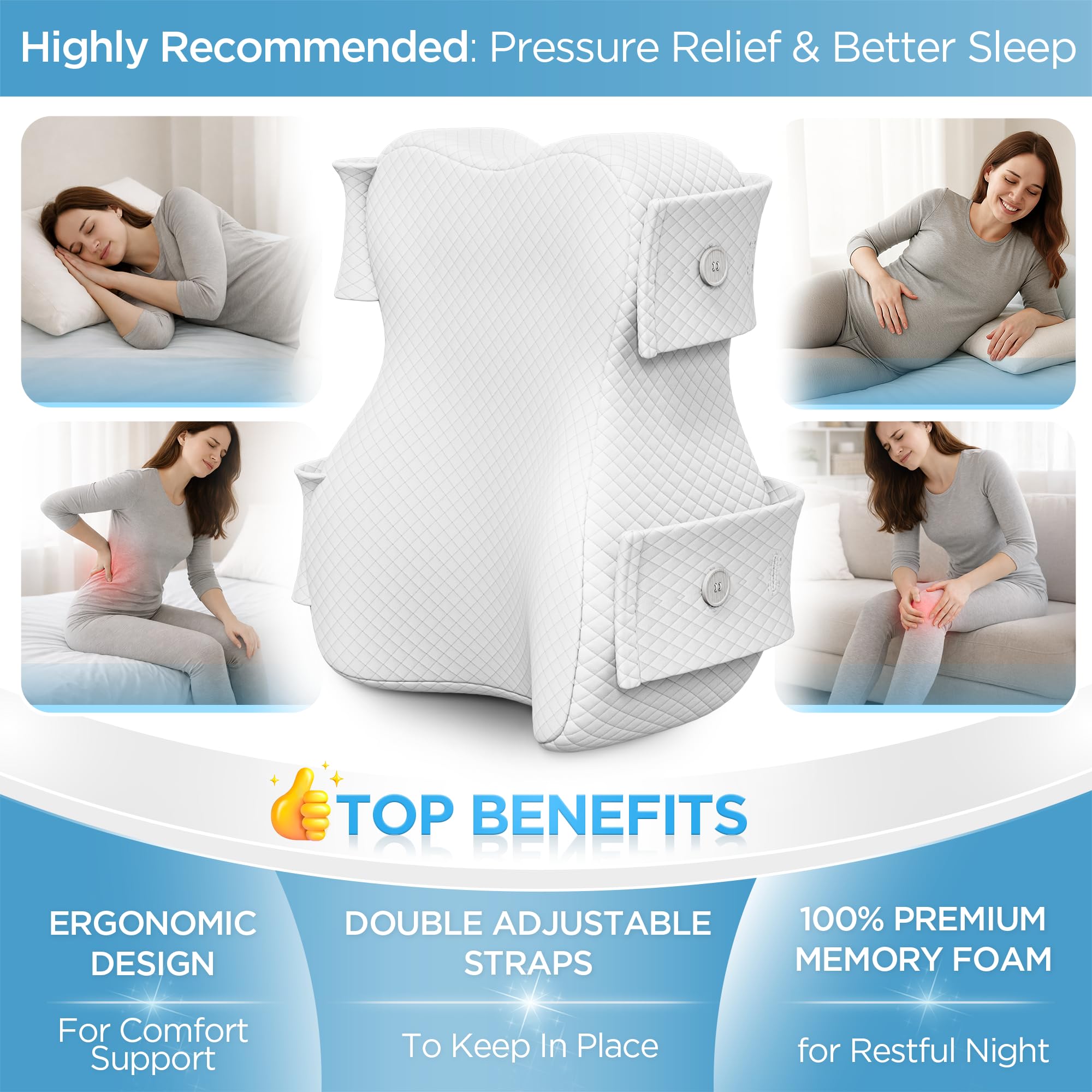 Cuscino per ginocchia per chi dorme sul fianco, cuscino ortopedico per gambe per dormire senza dolore, memory foam cuscino ergonomico con rivestimento in cotone sfoderabile (Bianco)