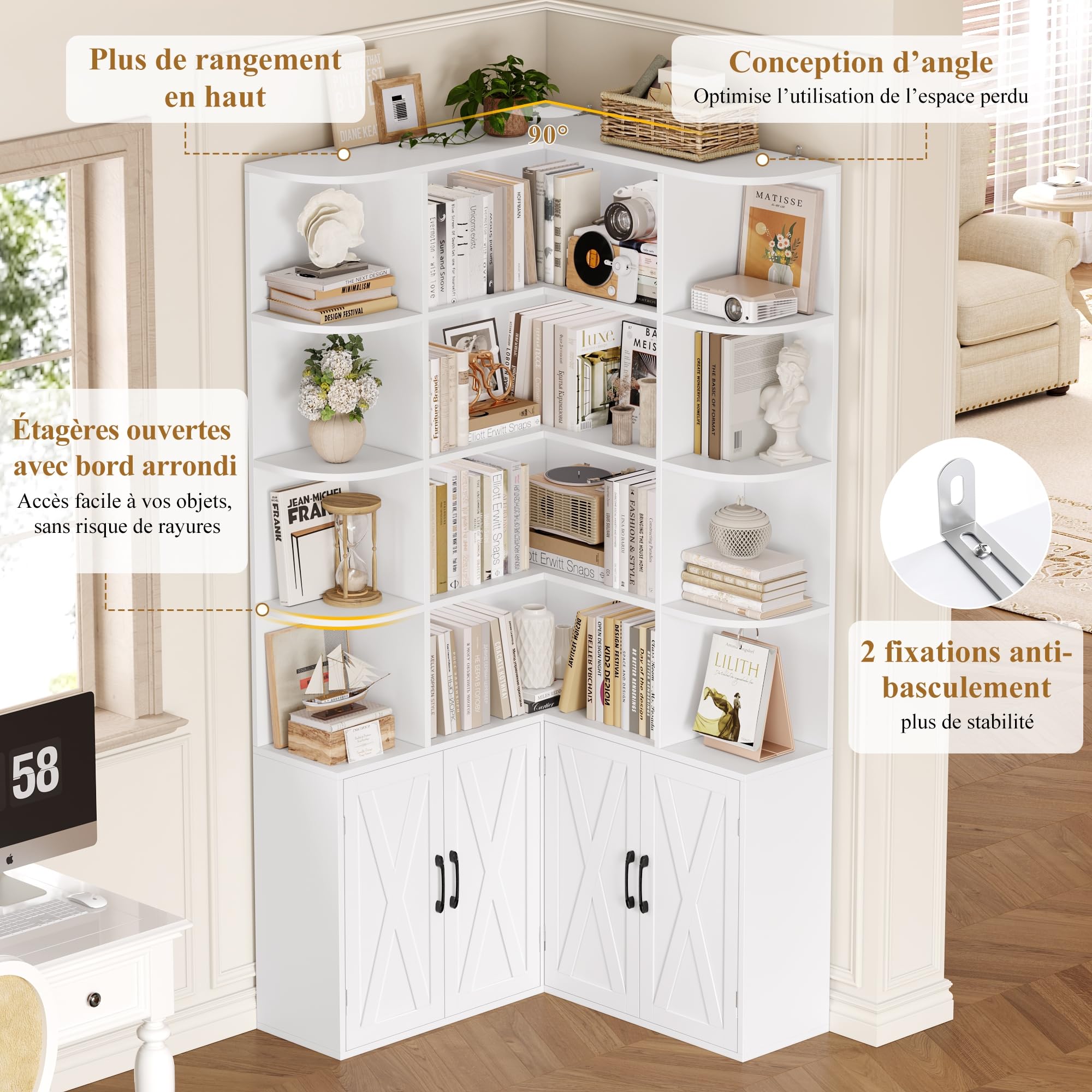 FirFurd Bibliotheque Angle 187cm Bibliothèque Meuble Rangement Blanc