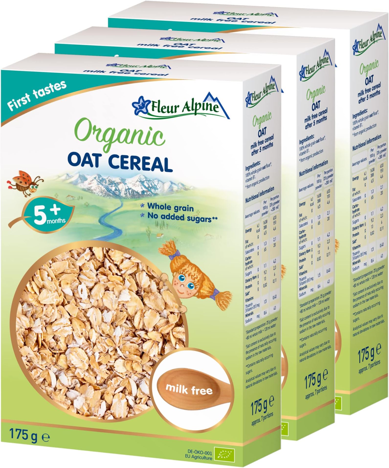 FLEUR ALPINE Baby Food | Organic Oat Baby Cereal Pack of 3 - Baby Porridge for Delicious Breakfast Meals | Nutritious and Instant Gluten Free Porridge 5+ Months with No Added Sugars | 3x7 Servings