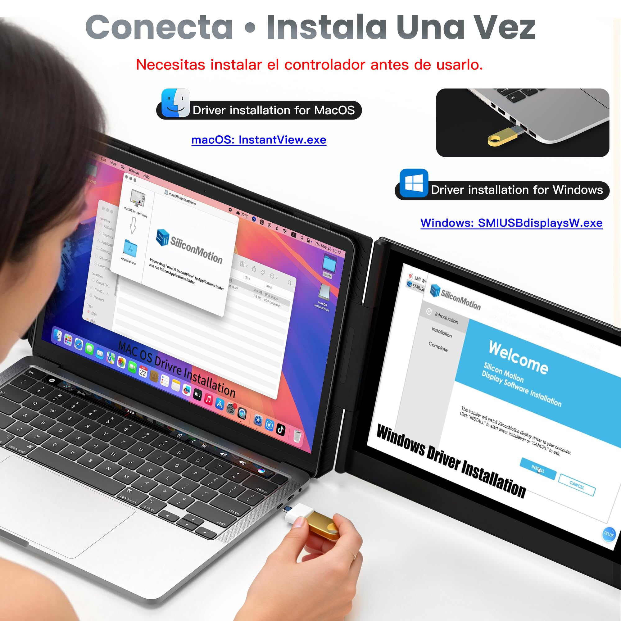 Kwumsy Monitor Portátil 15,6 Pulgadas, Triple Pantalla para Portátil, Plug & Play con un Solo Cable USB-C, Extensor de Pantalla FHD 1080P IPS, Compatible con Portátiles de 13 a 17,3", Mac y Windows
