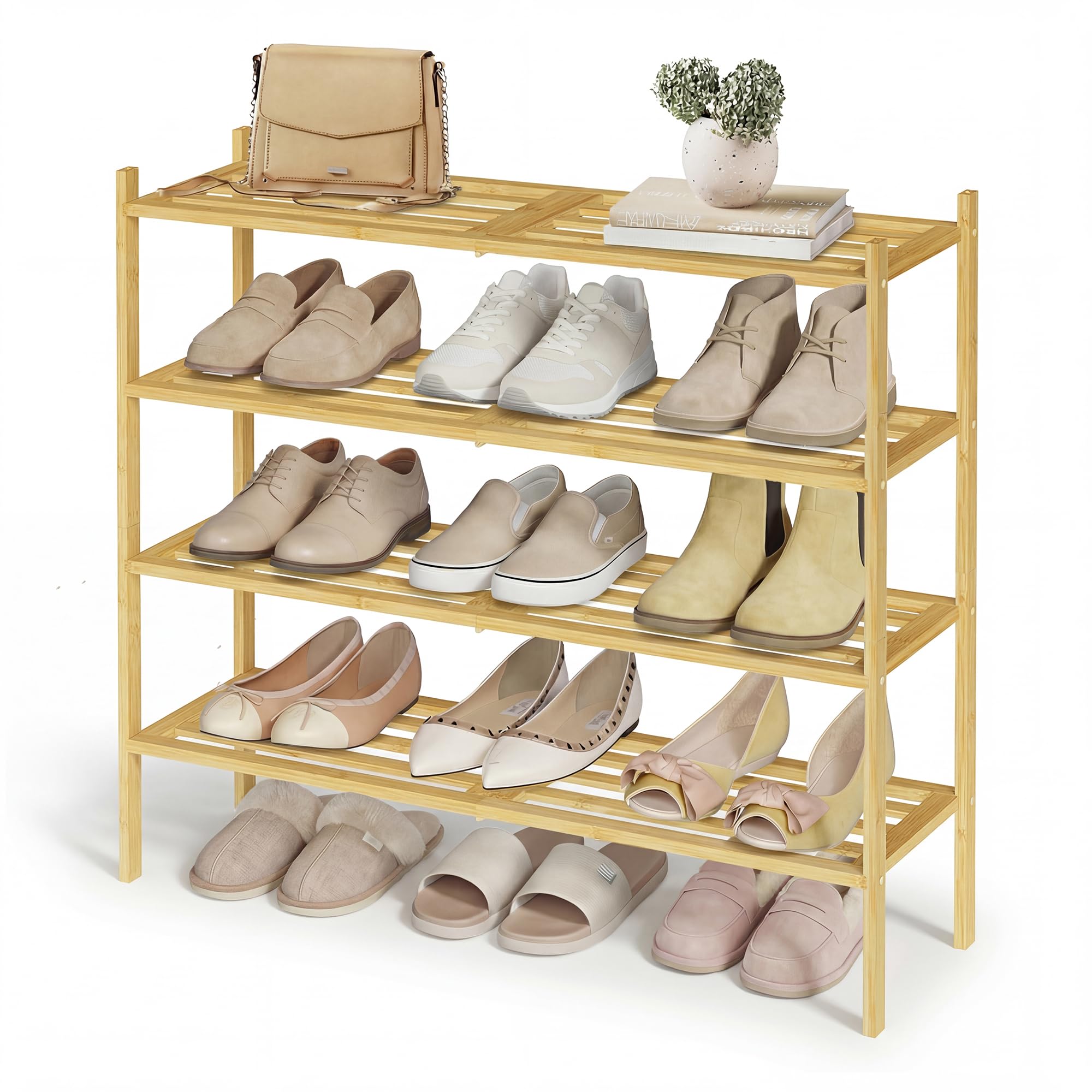 SONGMICS Bamboo Shoe Rack, 4-Tier Stackable Space-Saving Storage Shelf for Entryway, Living Room, Bedroom, Garage, Holds 15-20 Pairs, 25 x 70 x 68.5 cm, Natural Colour LBS054YL01
