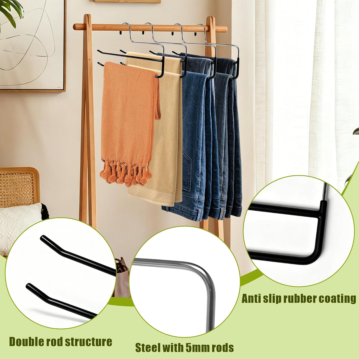 12 Pcs Pants Hangers Double Rod Jean Hangers,Open-Ended Pants Hangers Black