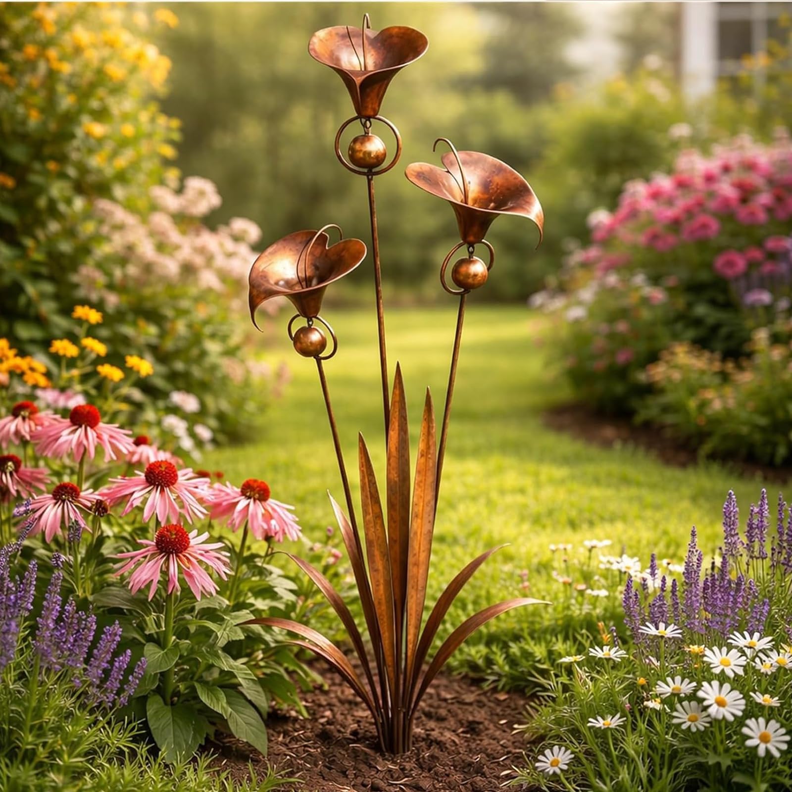 Flamed Copper Three Calla Lily Garden Stake with Bells Rain Catcher Flower Handmade 24" Large Whimsical Metal Plant Sculpture Yard Art Rustic Wind Chime Ornament (2pcs)