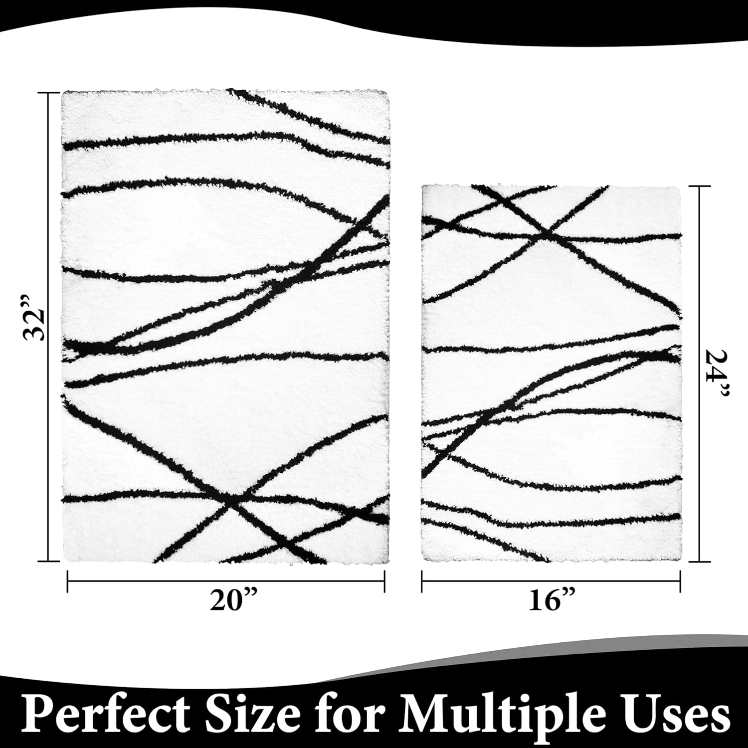 Tititex Luxury White Black Curve Line Bathroom Rug Set, 20x32 inch + 16x24 inch 2 pcs Extra Soft and Absorbent Microfiber Bath Rugs, Non-Slip Plush Shaggy Carpet,Mats for Floor, Tub and Shower
