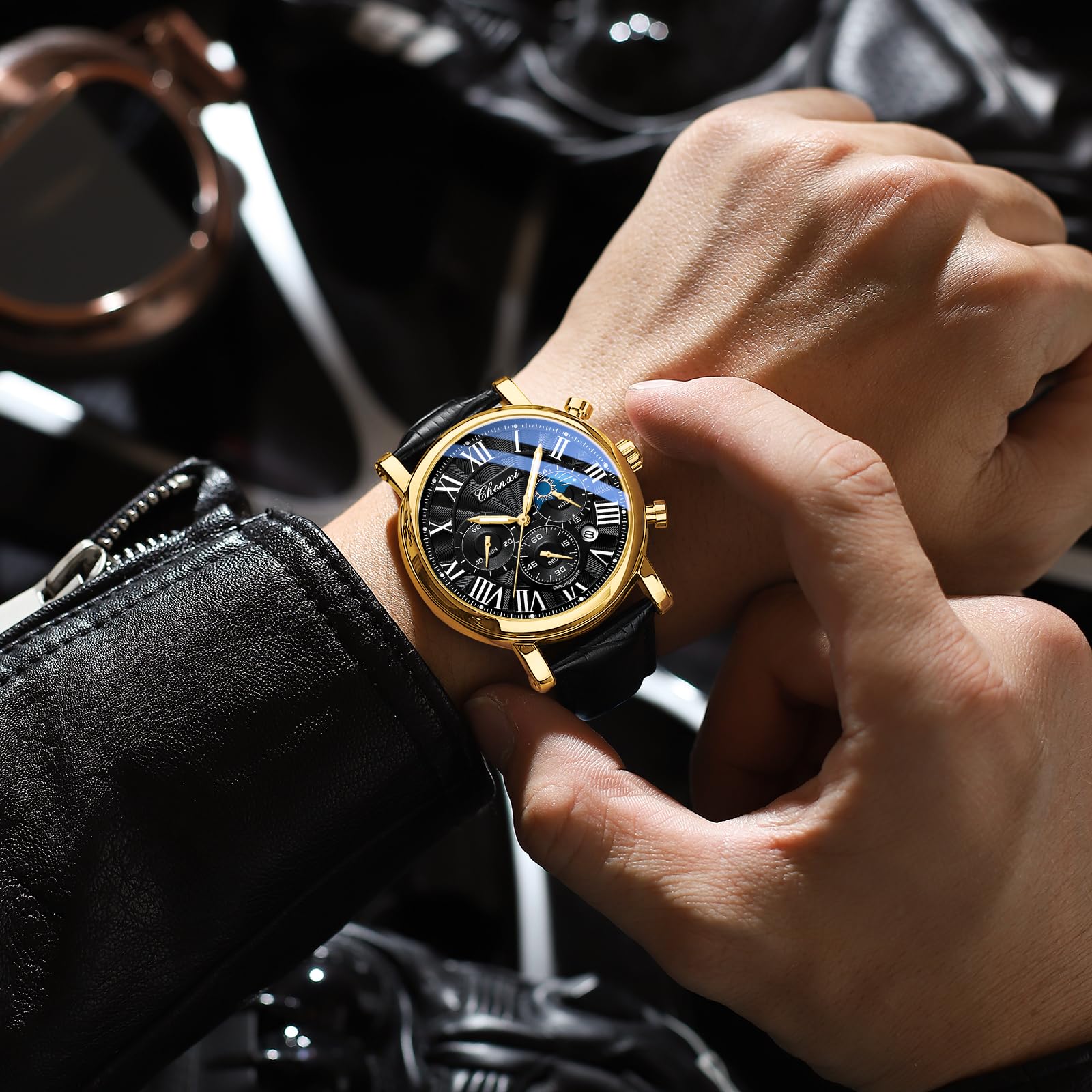 FANMIS Men's Classic Multifunctional Military Sports Analog Watch Business Dress Waterproof Luminous Chronograph Starry Sky Moon Phase Leather Wristwatch: X Gold Black