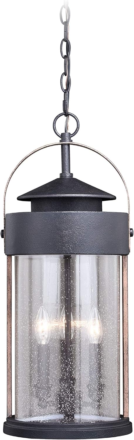 Best Cyber Monday 🔥 VAXCEL Farmhouse Outdoor Pendant Light - Textured Dark Bronze and Burnished Oak Wood Finish Porch Hanging Lights with Clear Seeded Glass, Exterior Lantern Pendant Light for Porch, Front Door Entryway