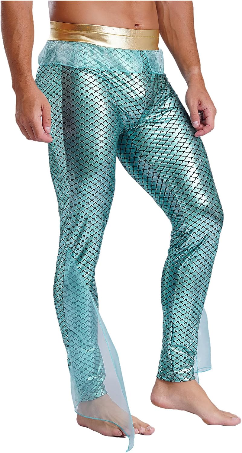 Agoky Mens Shiny Fishscale Print Mermaid Pants King Triton Costume Elastic Waist Metallic Leggings
