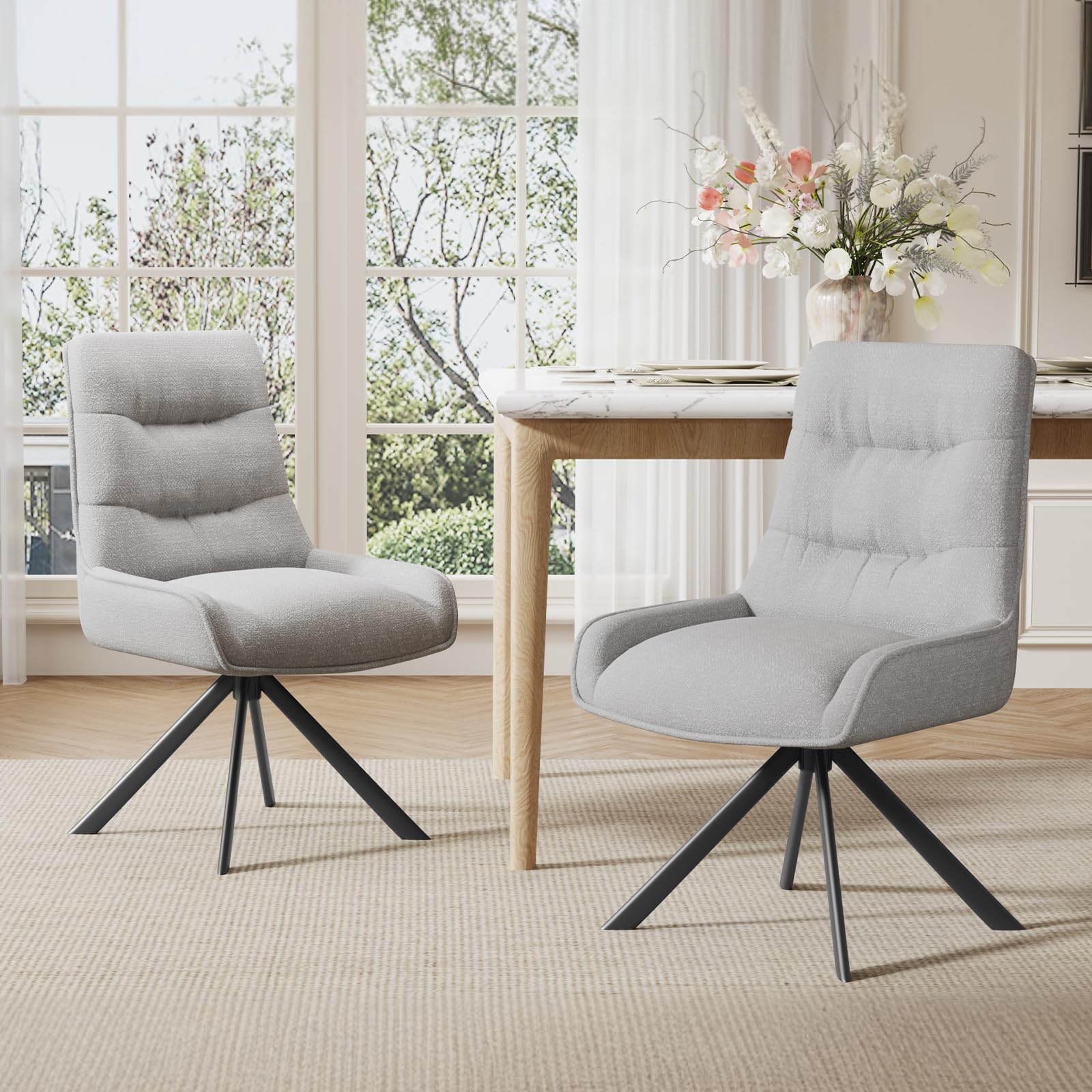 Ckaff 360° Swivel Dining Chairs Set of 2, Upholstered Dining Room Chairs, Kitchen Counter Accent Chair with Metal Frame and Backrest for Kitchen Dining Room Living Room, Light Grey