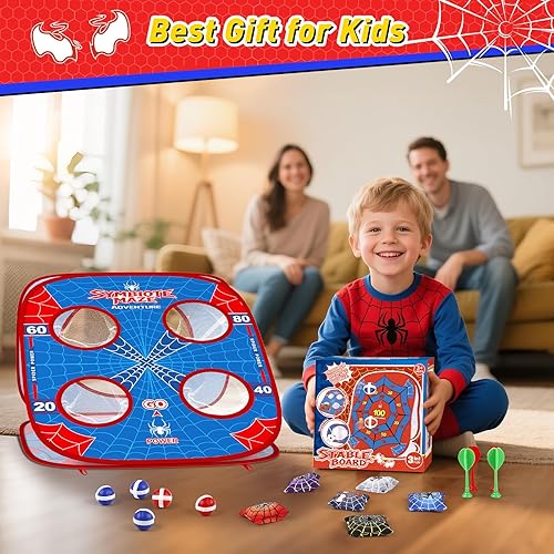 Miniatura 8 de Juego de lanzamiento de sacos de araña para niños tablero de Cornhole 4 en 1, juguetes para interiores y exteriores, para niños y niñas de 3, 4, 5,