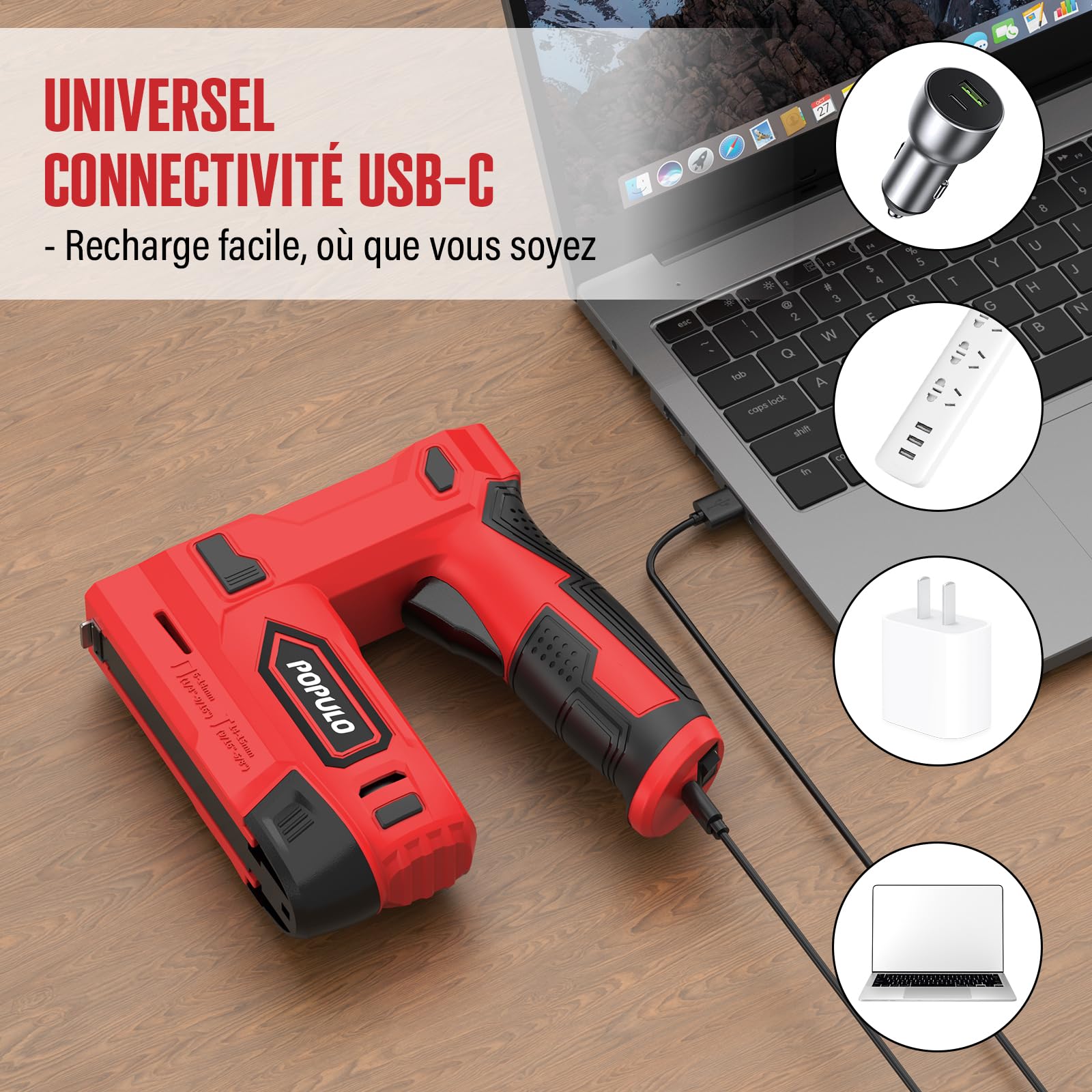 POPULO Agrafeuse électrique 2-en-1 sans fil 4 V lithium-ion avec charge USB-C – inclut arrache-clou, agrafes et clous pour tapisserie, réparation de meubles, moquette et bricolage maison