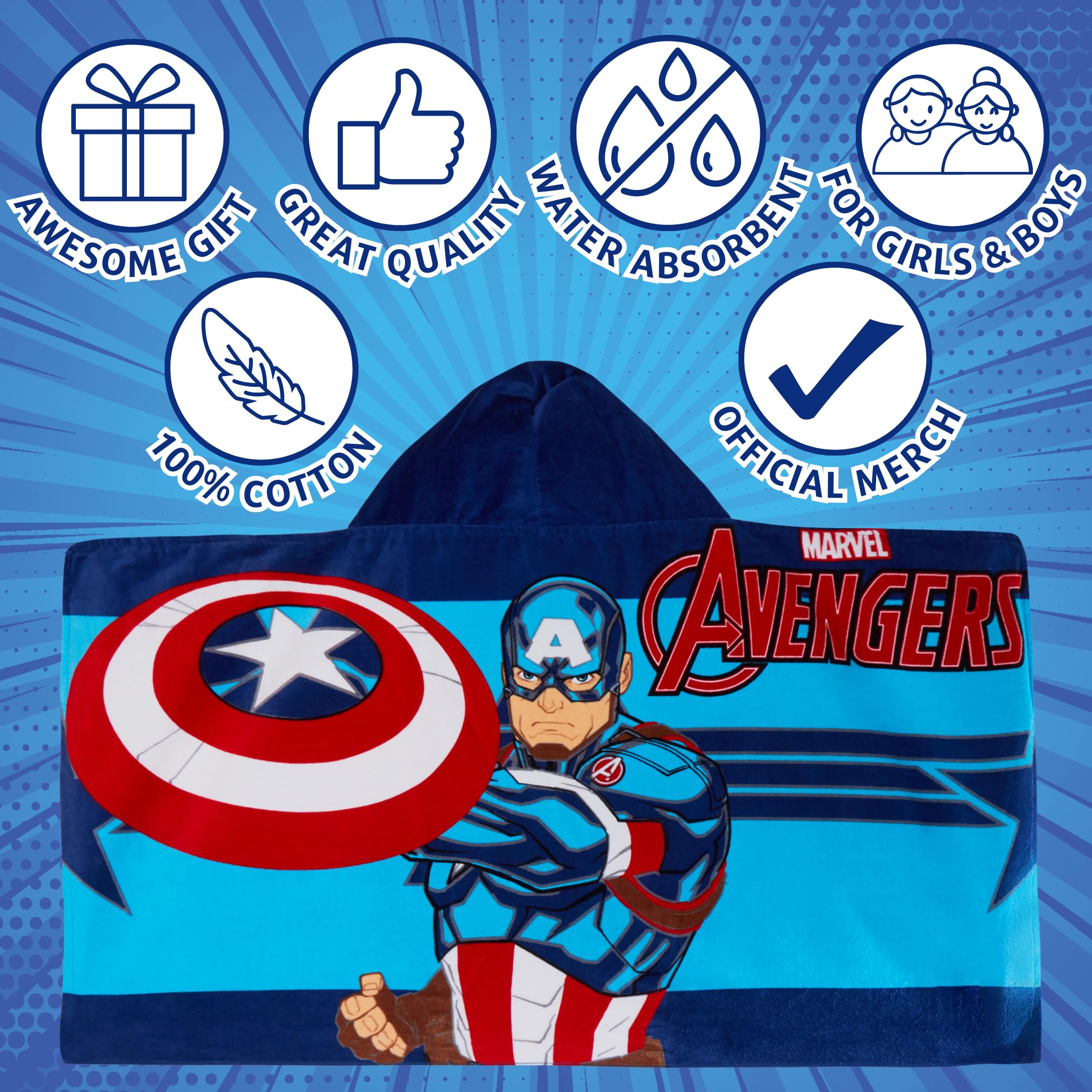 Asciugamano con cappuccio Captain America 100% cotone Marvel Avengers Poncho Asciugamano da spiaggia per bambini Accappatoio da bagno Copertura da nuoto per ragazzi