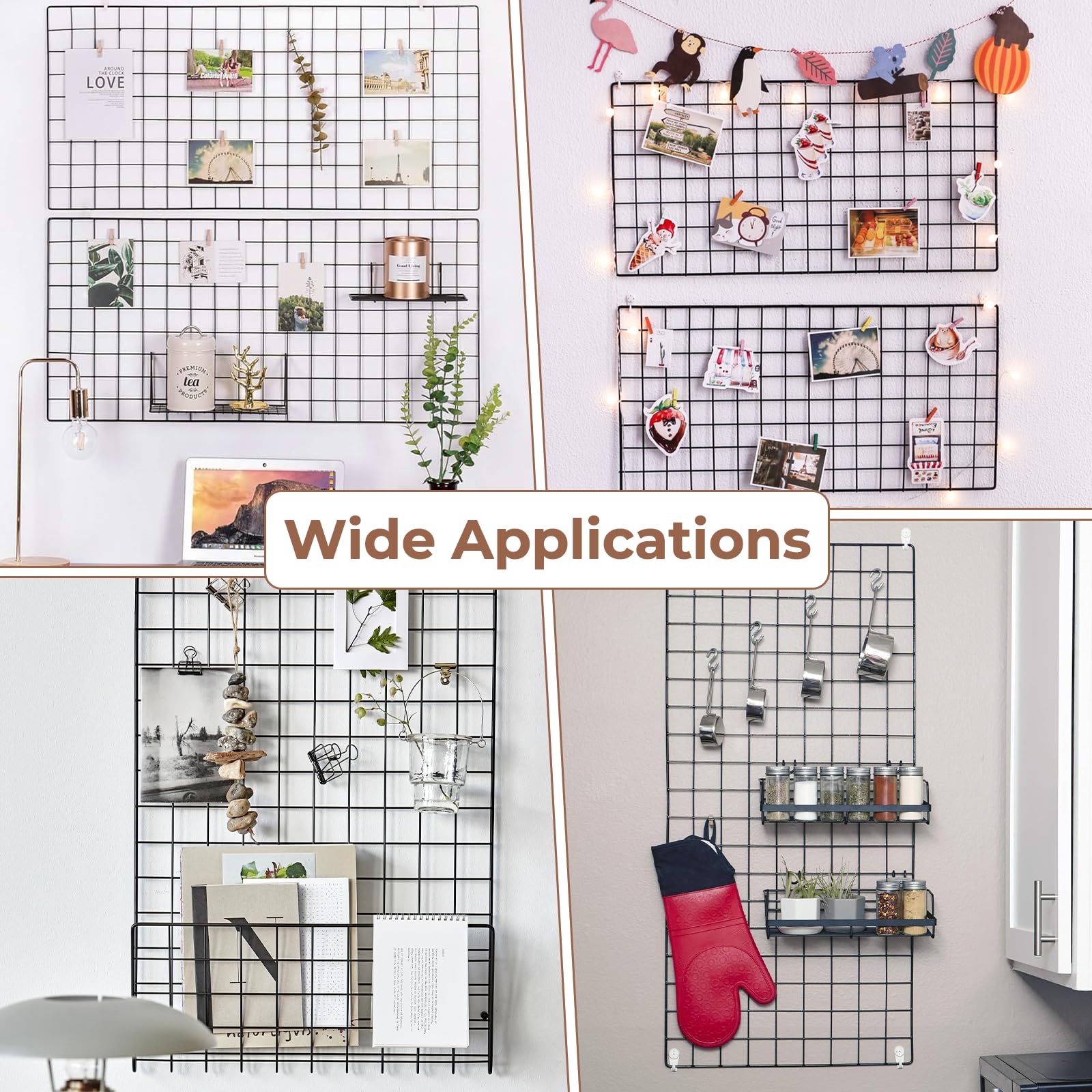 Lnrueg 2 Stück Wandgitterpaneele, Draht-Wandgitterregale mit Bilderrahmen, Clips, Haken und Hanfseil, Wanddekoration, Aufbewahrungs-Organizer, Metalldraht, Memoboards