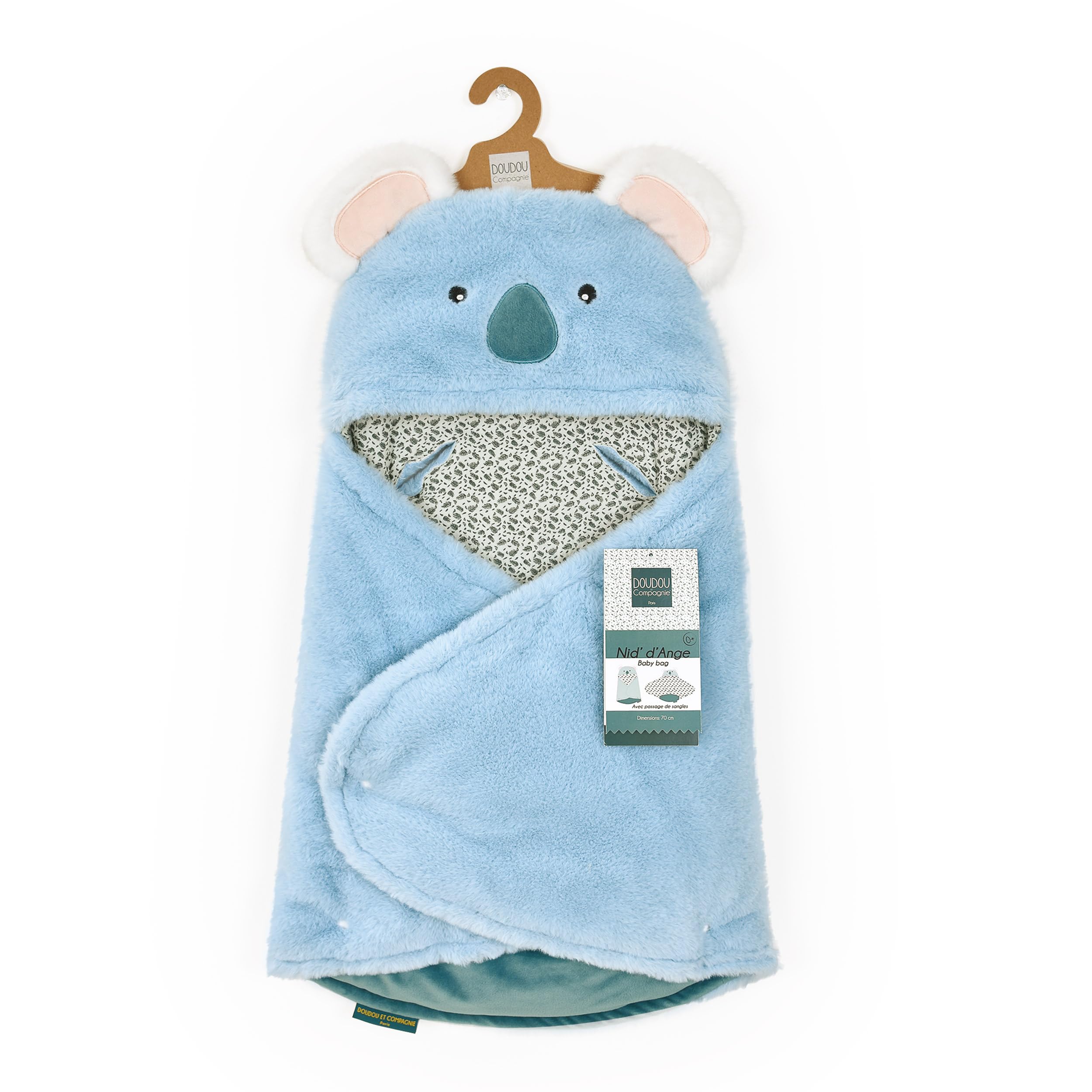 Doudou et Compagnie - Nido d'angelo accogliente YOCA LE KOALA - Materiale peluche blu e stampato - Per seggiolino auto, cosi, passeggino - Bambino 0-6 mesi - 69 cm - Regalo di nascita - DC4037