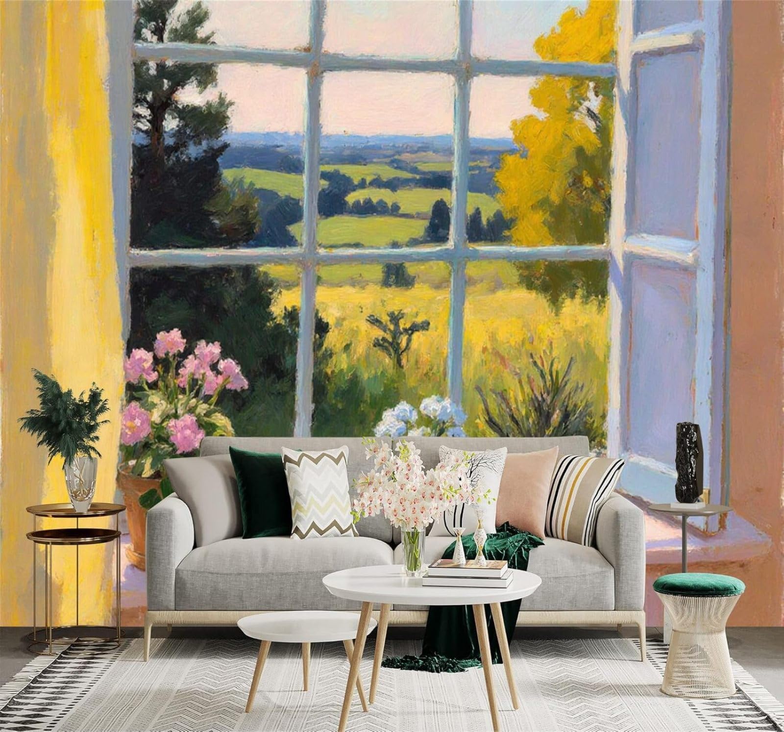Xlming 350Cm×256Cm(B×H) Window Potted Plant Sunshine Bright Countryside Scenery 3D Wallpaper Premium Textured Silk Study Dining Living Room Bedroom Sofa Tv Wall Easy Install-350Cm×256Cm