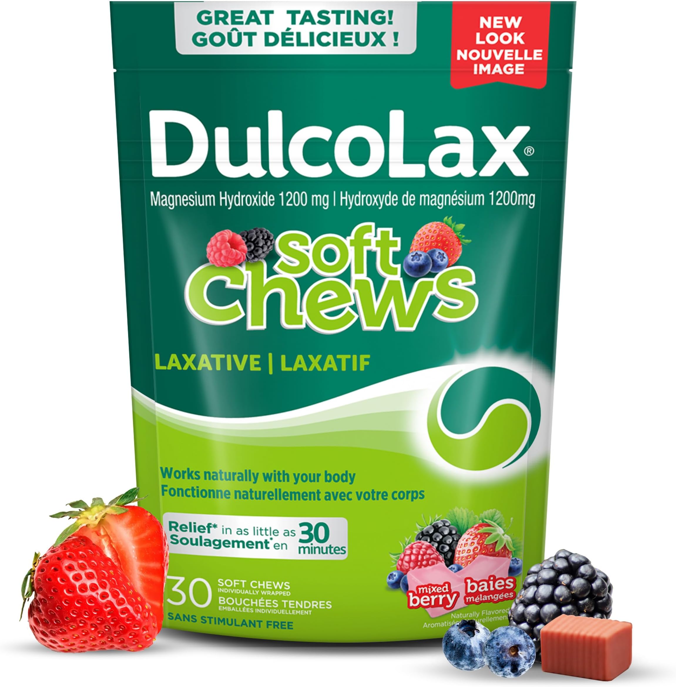 DulcolaxSoft Chews, Mixed Berry, Dependable and Gentle, Laxatives for Fast Occasional Constipation Relief, Vegan, Stimulant-Free, Gluten-Free, For Adults & Kids Ages 12 and Over, 30 Count